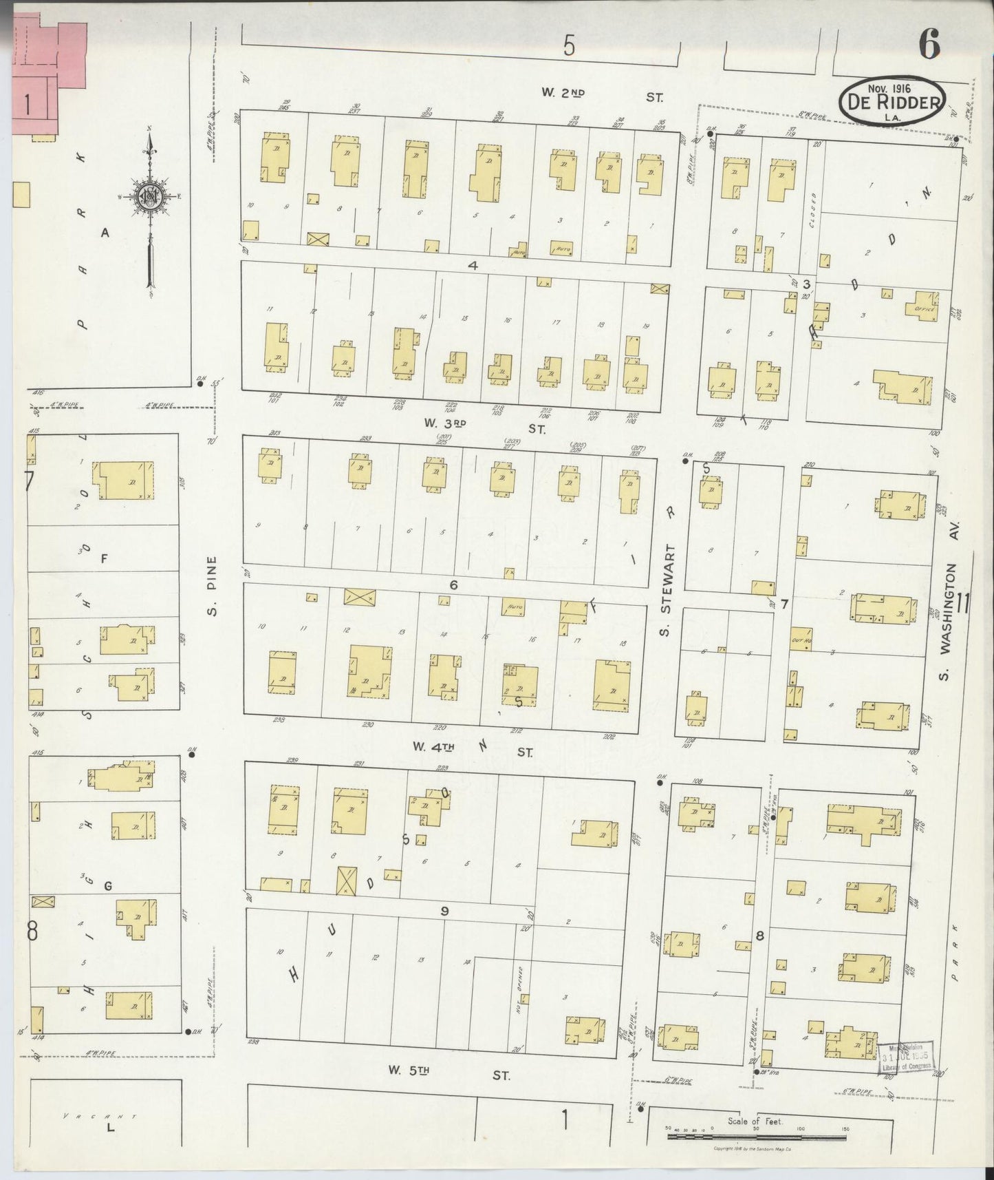 Sanborn Fire Insurance Map from De Ridder, Beauregard Parish, Louisiana (1916), Sheet #0006 - Historic Sanborn Fire Insurance Map Print, vintage old map wall art, antique decor, genealogy gift, Louisiana Louisiana map