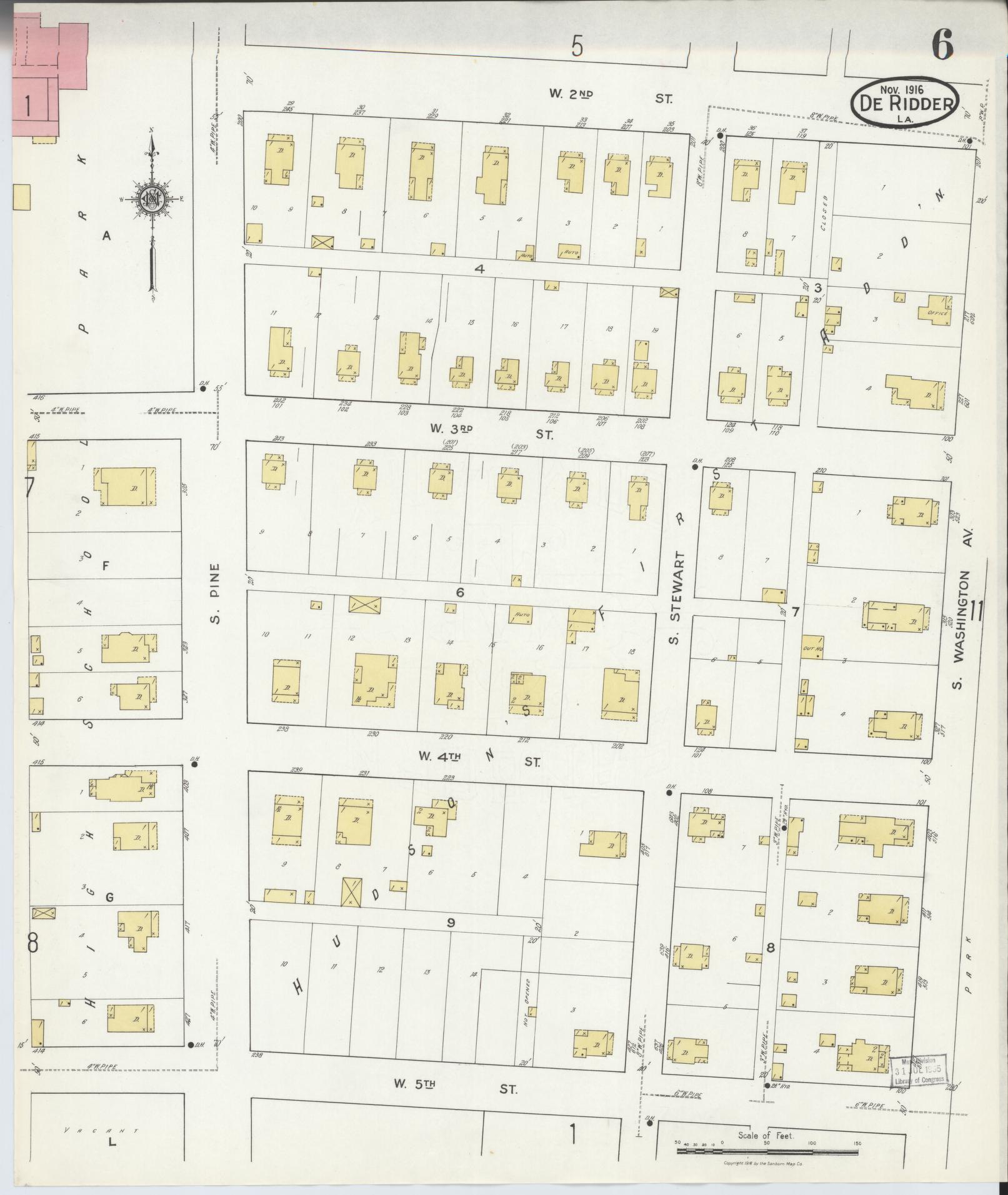 Sanborn Fire Insurance Map from De Ridder, Beauregard Parish, Louisiana (1916), Sheet #0006 - Historic Sanborn Fire Insurance Map Print, vintage old map wall art, antique decor, genealogy gift, Louisiana Louisiana map