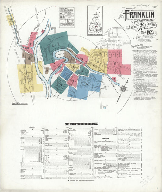 Sanborn Fire Insurance Map from Franklin, Merrimack County, New Hampshire (1923), Sheet #0001 - Historic Sanborn Fire Insurance Map Print, vintage old map wall art, antique decor, genealogy gift, New Hampshire New Hampshire map