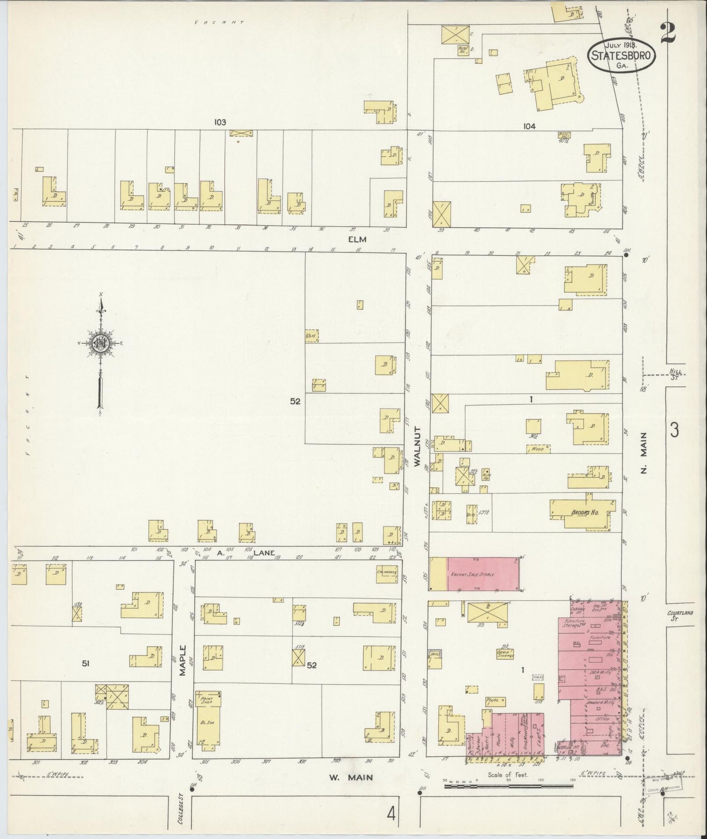 Sanborn Fire Insurance Map from Statesboro, Bulloch County, Georgia (1913), Sheet #0002 - Complete Map Set gallery image, historic Sanborn map, vintage wall art, Georgia Georgia