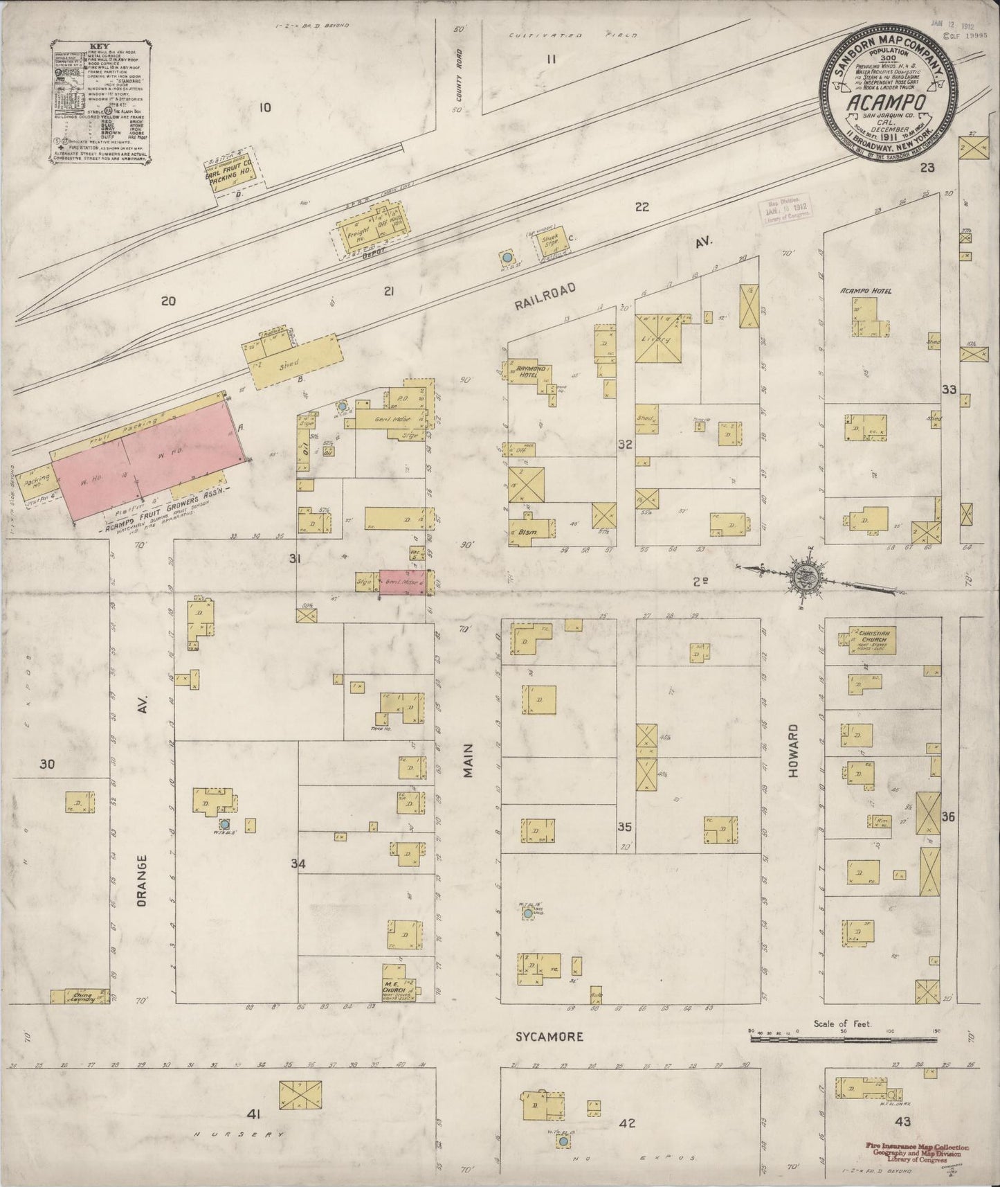 Sanborn Fire Insurance Map from Acampo, San Joaquin County, California (1911), Sheet #0001 - Historic Sanborn Fire Insurance Map Print, vintage old map wall art, antique decor, genealogy gift, California California map