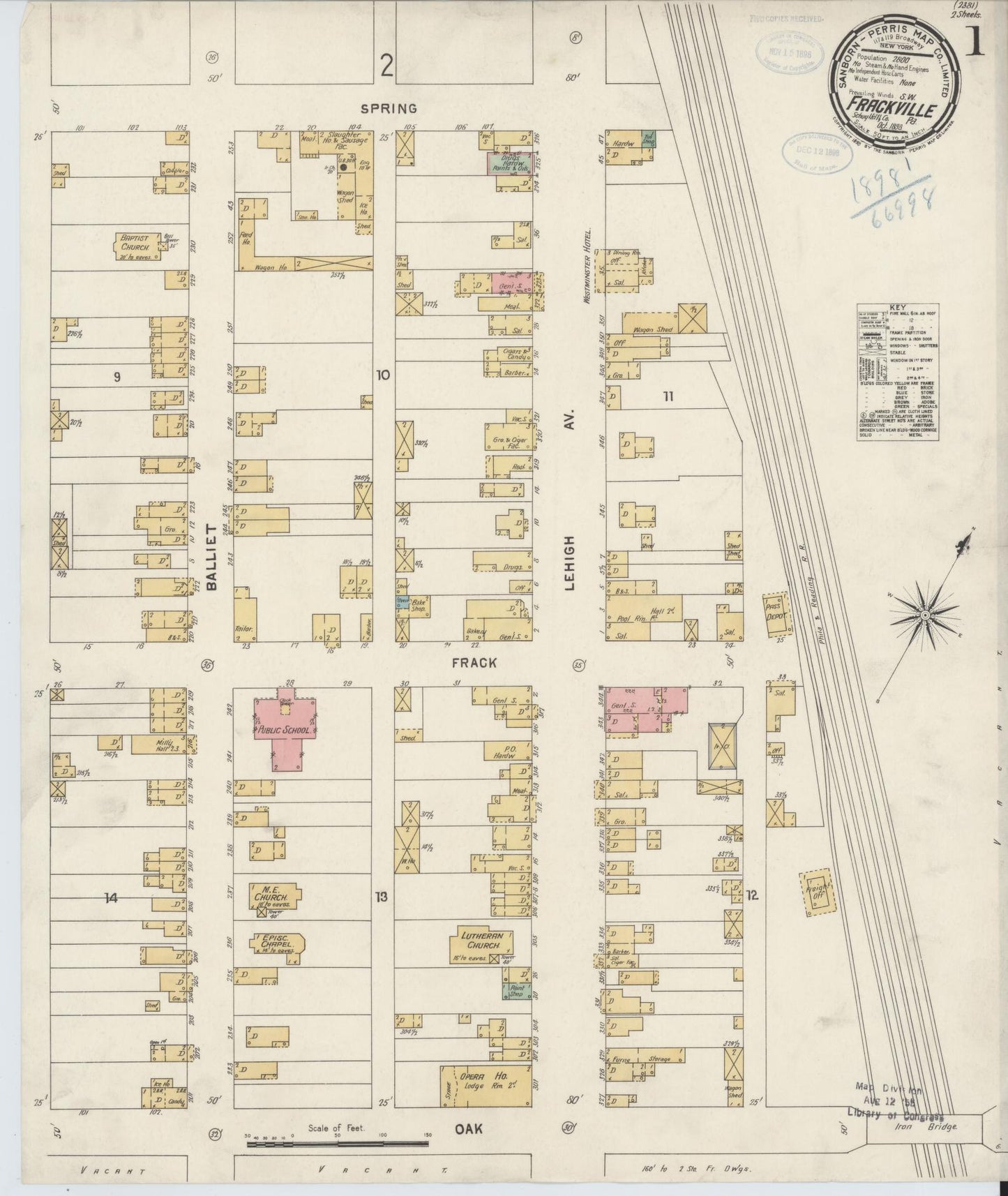 Sanborn Fire Insurance Map from Frackville, Schuylkill County, Pennsylvania (1898), Sheet #0001 - Historic Sanborn Fire Insurance Map Print, vintage old map wall art, antique decor, genealogy gift, Pennsylvania Pennsylvania map