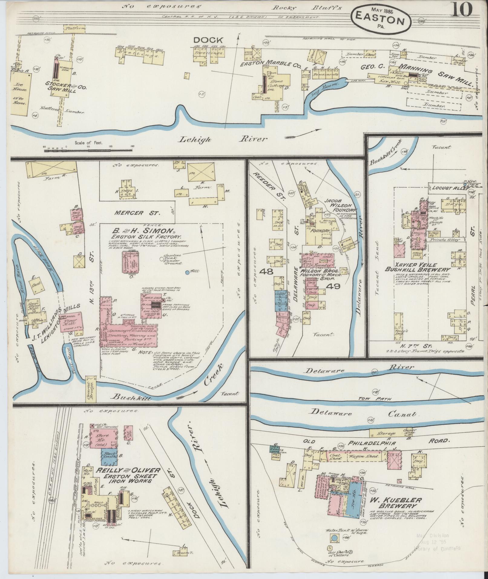 Sanborn Fire Insurance Map from Easton, Northampton County, Pennsylvania (1885), Sheet #0010 - Historic Sanborn Fire Insurance Map Print, vintage old map wall art, antique decor, genealogy gift, Pennsylvania Pennsylvania map