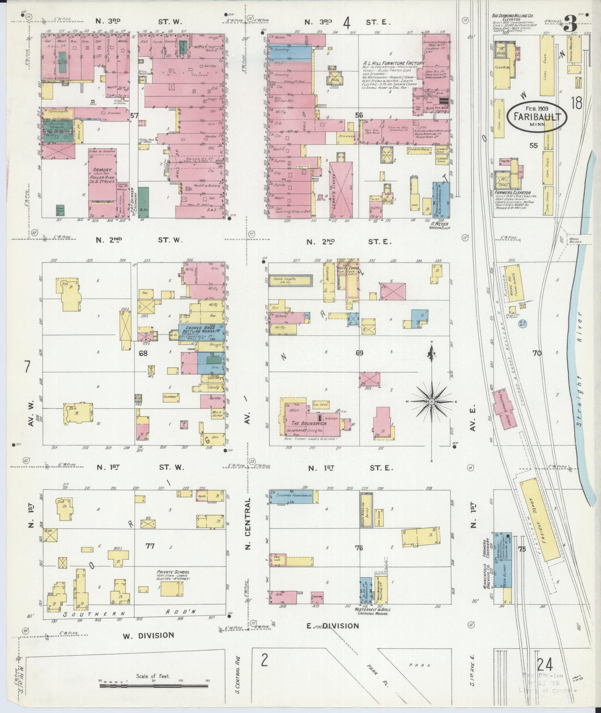 Sanborn Fire Insurance Map from Faribault, Rice County, Minnesota (1909), Sheet #0003 - Historic Sanborn Fire Insurance Map Print, vintage old map wall art, antique decor, genealogy gift, Minnesota Minnesota map