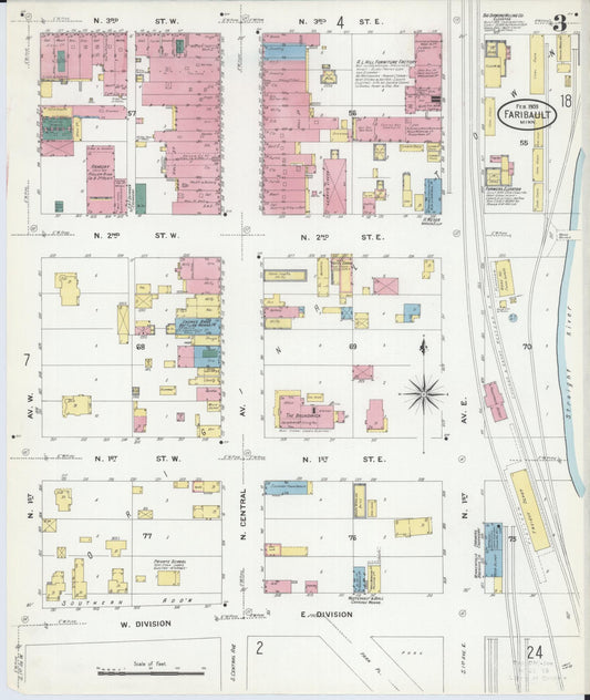 Sanborn Fire Insurance Map from Faribault, Rice County, Minnesota (1909), Sheet #0003 - Historic Sanborn Fire Insurance Map Print, vintage old map wall art, antique decor, genealogy gift, Minnesota Minnesota map