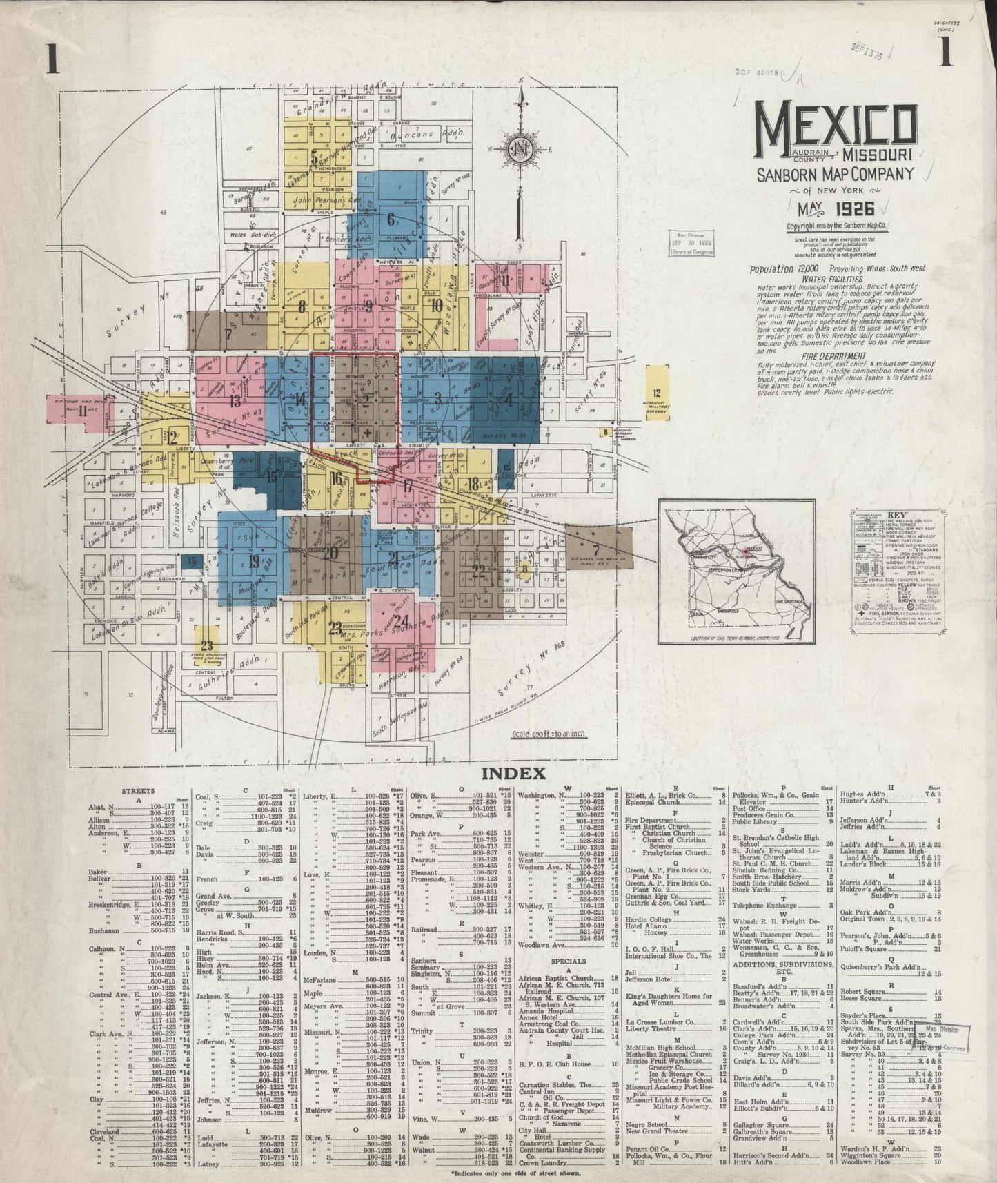 Sanborn Fire Insurance Map from Mexico, Audrain County, Missouri (1926), Sheet #0001 - Complete Map Set gallery image, historic Sanborn map, vintage wall art, Missouri Missouri