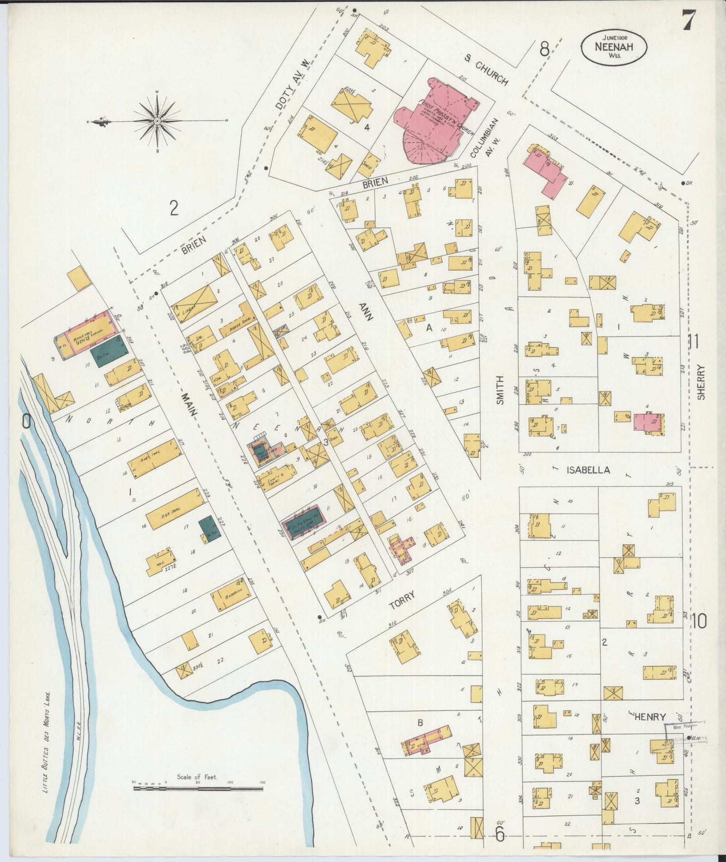 Sanborn Fire Insurance Map from Neenah, Winnebago County, Wisconsin (1906), Sheet #0007 - Historic Sanborn Fire Insurance Map Print, vintage old map wall art, antique decor, genealogy gift, Wisconsin Wisconsin map