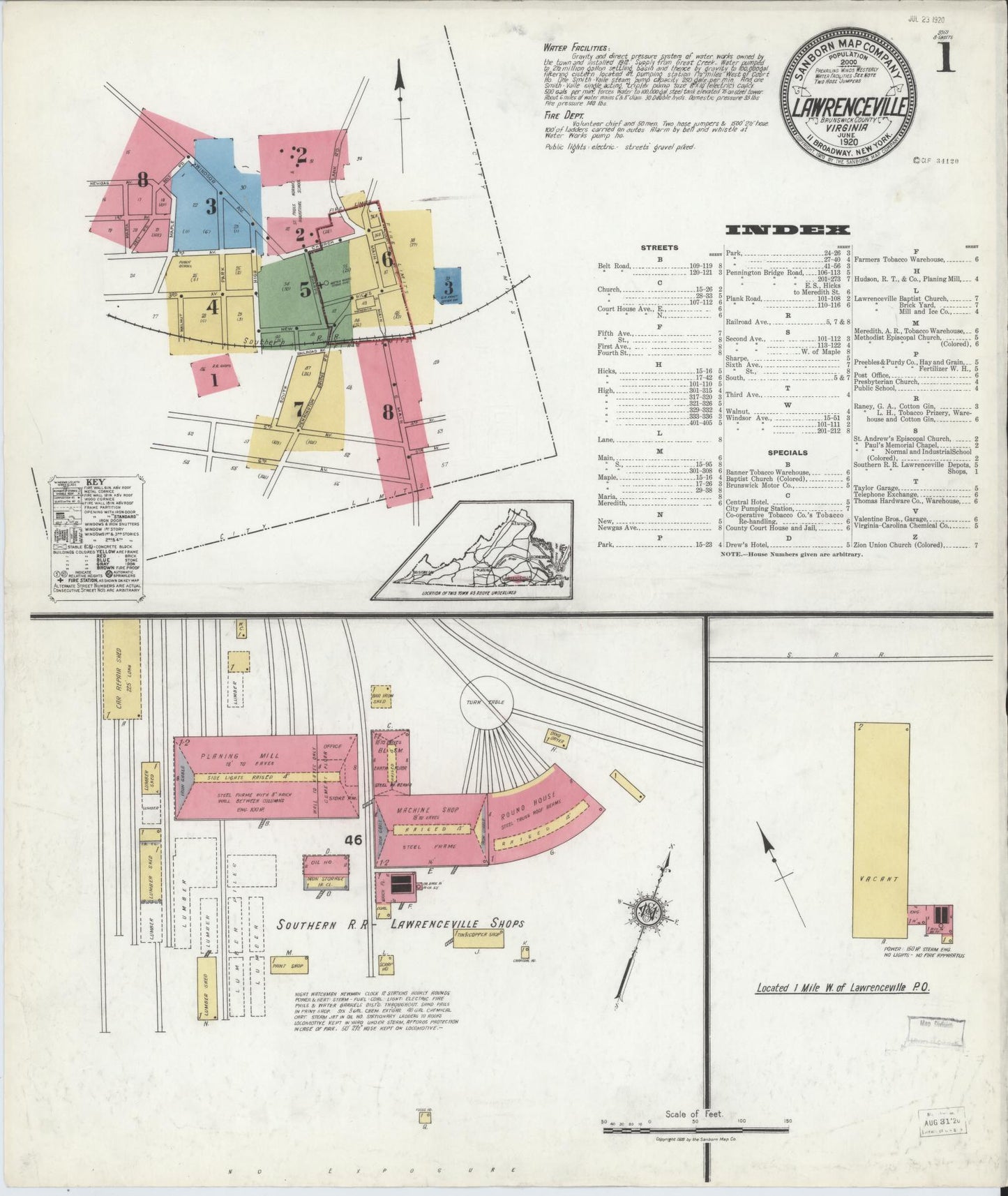 Sanborn Fire Insurance Map from Lawrenceville, Brunswick County, Virginia. (1920) – Historic Sanborn Fire Insurance Map Print