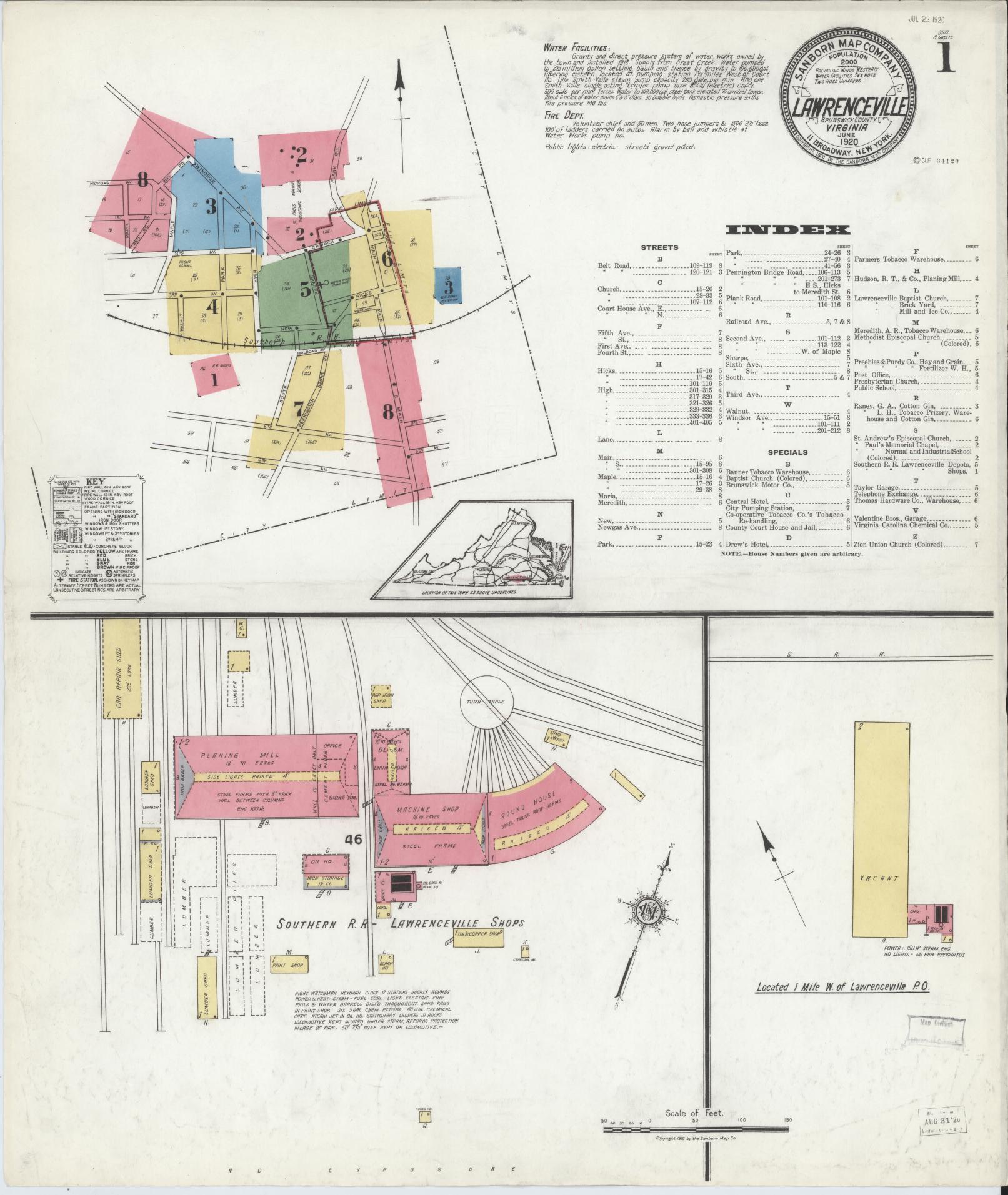 Sanborn Fire Insurance Map from Lawrenceville, Brunswick County, Virginia. (1920) – Historic Sanborn Fire Insurance Map Print