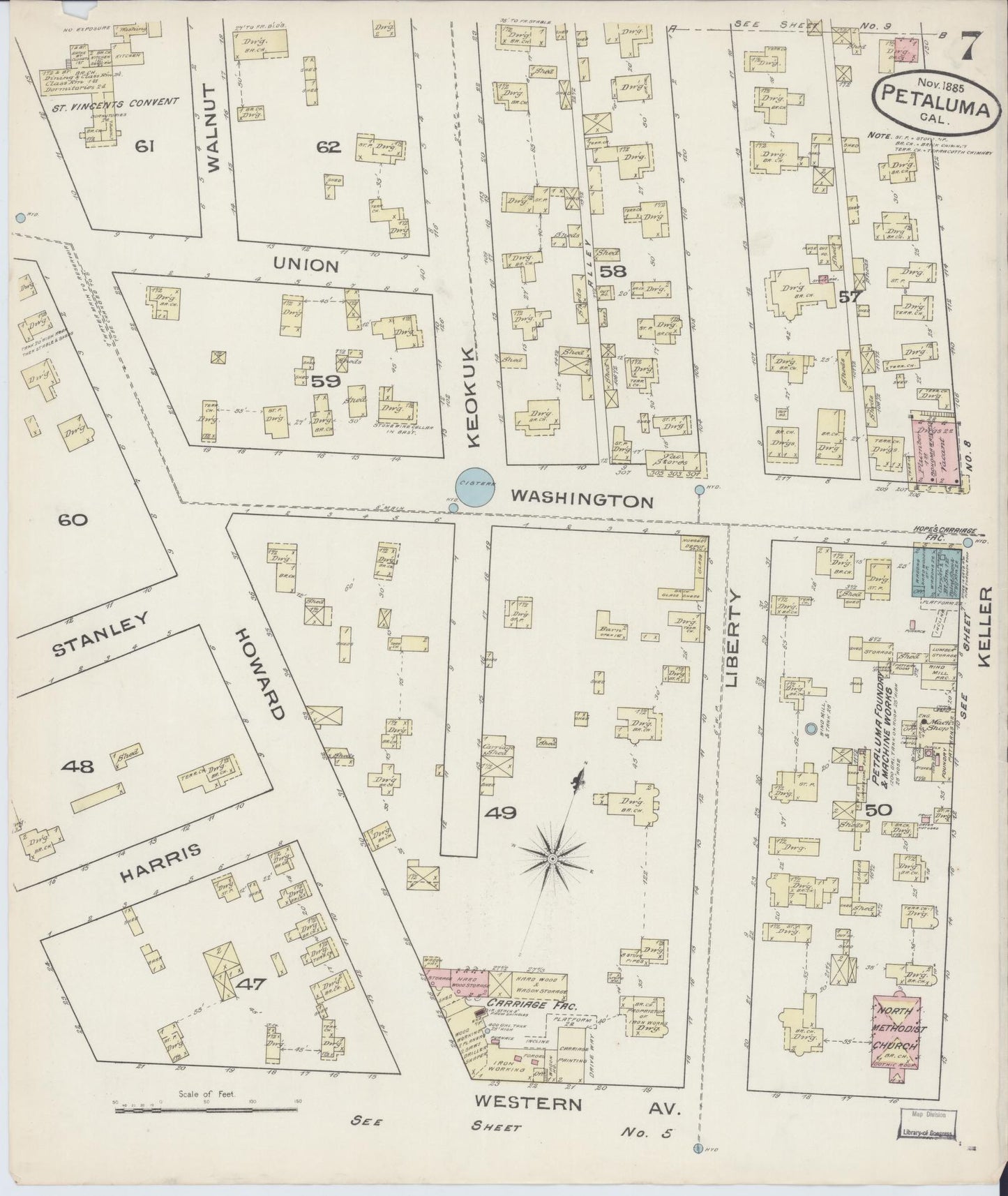 Sanborn Fire Insurance Map from Petaluma, Sonoma County, California (1885), Sheet #0007 - Complete Map Set gallery image, historic Sanborn map, vintage wall art, California California