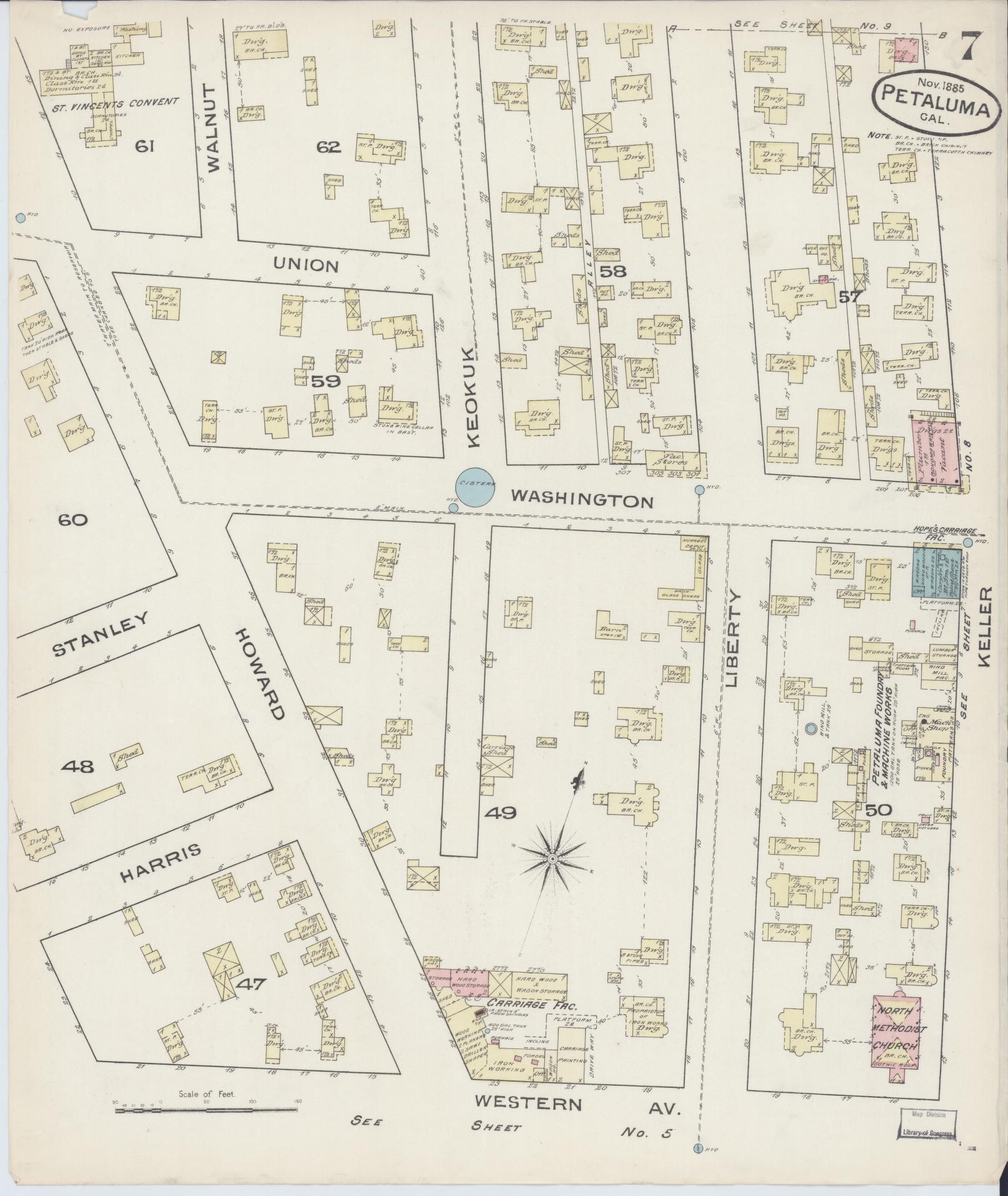 Sanborn Fire Insurance Map from Petaluma, Sonoma County, California (1885), Sheet #0007 - Complete Map Set gallery image, historic Sanborn map, vintage wall art, California California