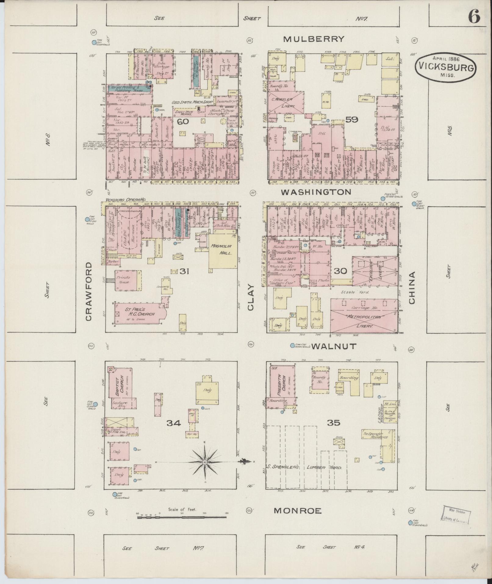 Sanborn Fire Insurance Map from Vicksburg, Warren County, Mississippi (1886), Sheet #0006 - Complete Map Set gallery image, historic Sanborn map, vintage wall art, Mississippi Mississippi