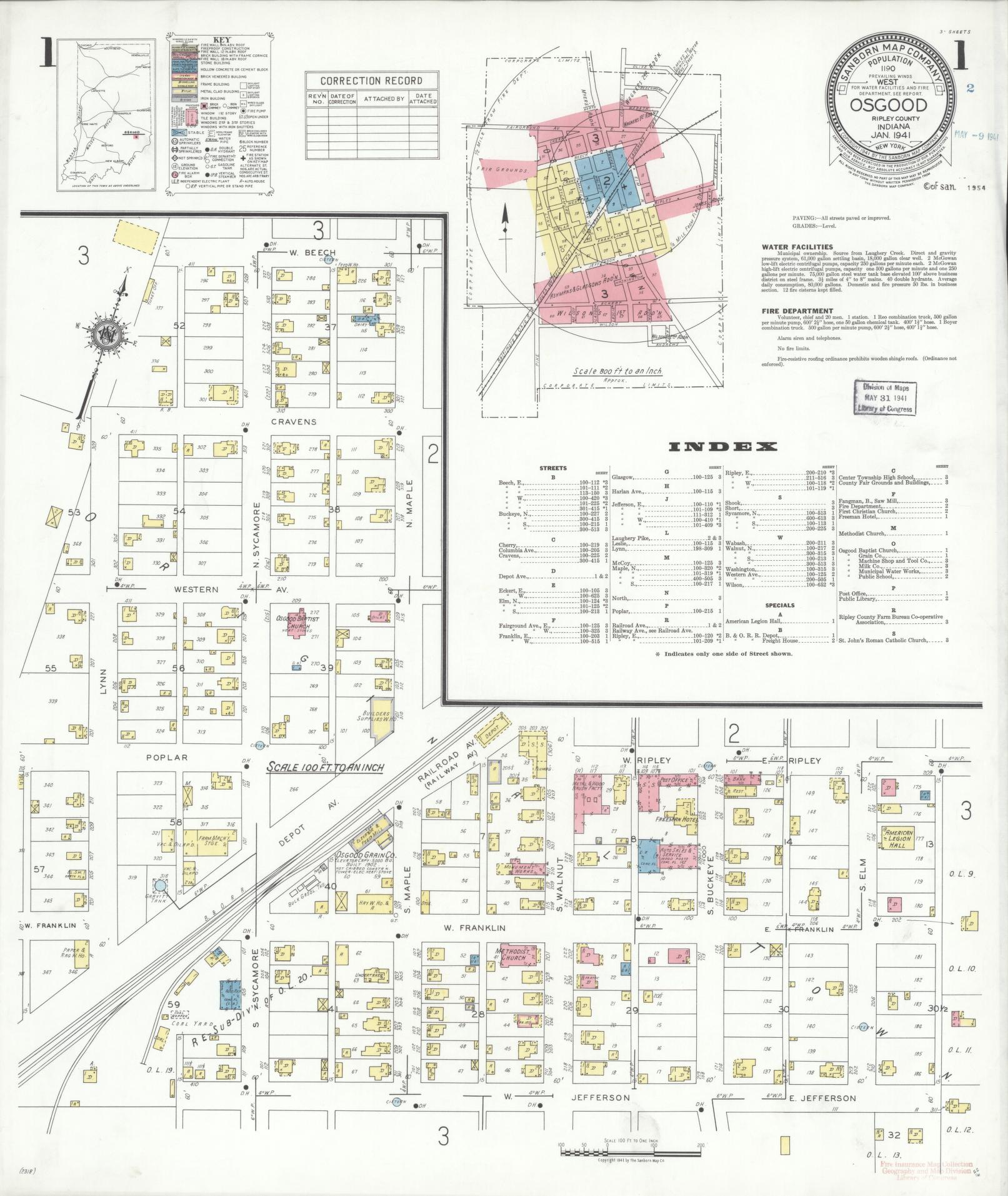 Sanborn Fire Insurance Map from Osgood, Ripley County, Indiana (1941), Sheet #0001 - Complete Map Set gallery image, historic Sanborn map, vintage wall art, Indiana Indiana