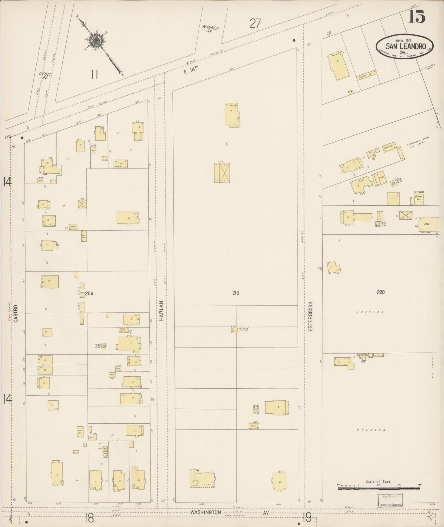 Sanborn Fire Insurance Map from San Leandro, Alameda County, California (1917), Sheet #0015 - Complete Map Set gallery image, historic Sanborn map, vintage wall art, California California