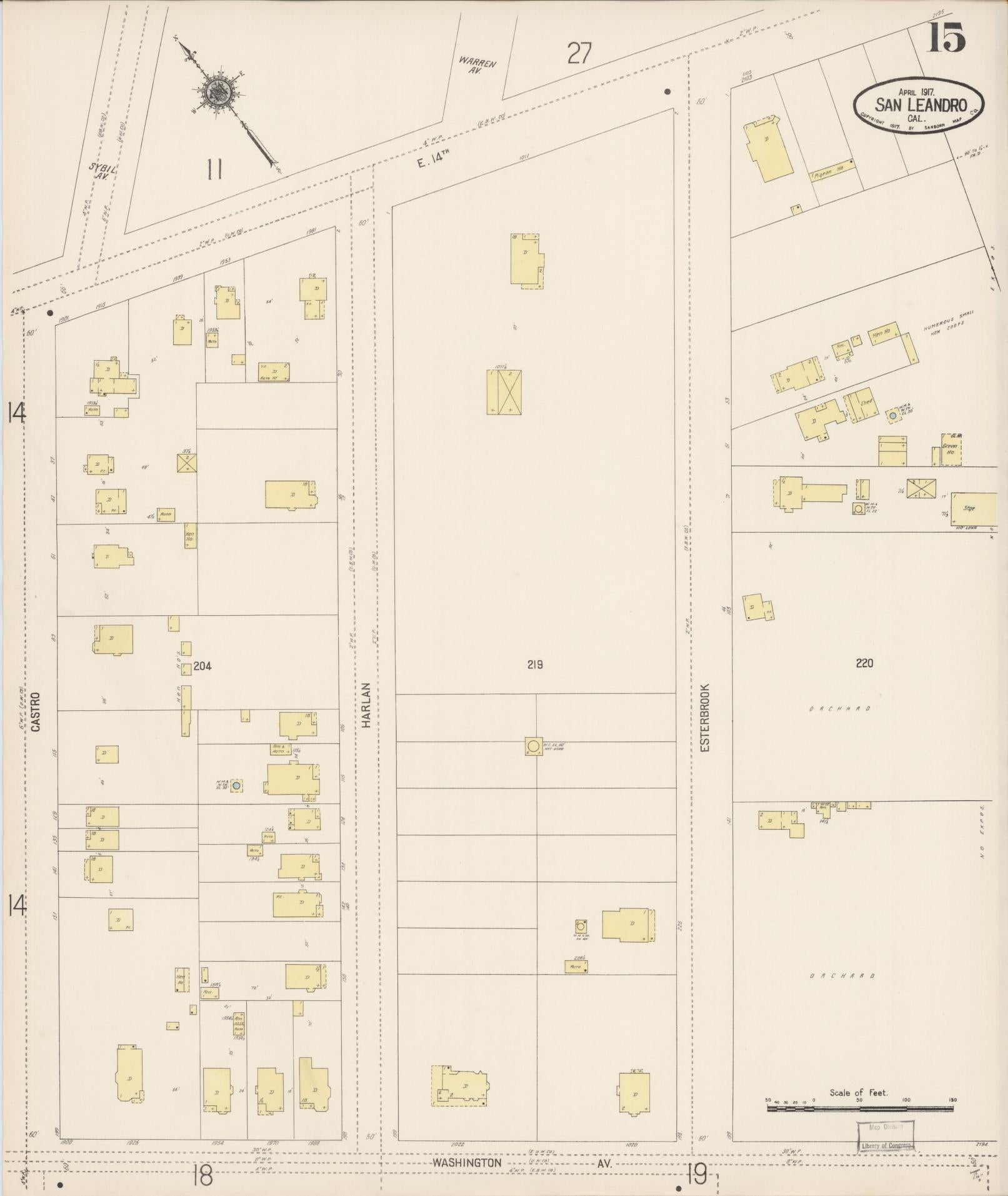 Sanborn Fire Insurance Map from San Leandro, Alameda County, California (1917), Sheet #0015 - Complete Map Set gallery image, historic Sanborn map, vintage wall art, California California