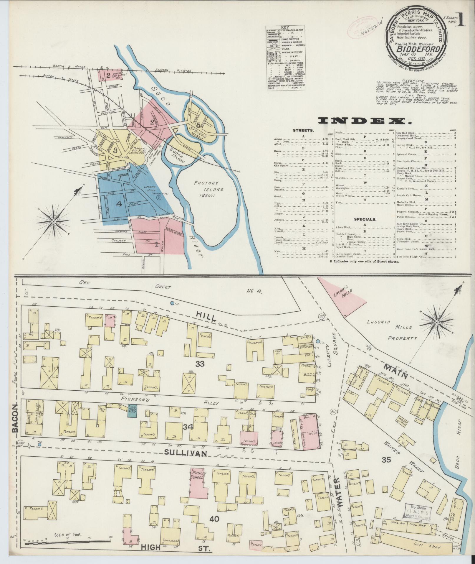 Sanborn Fire Insurance Map from Biddeford, York County, Maine. (1891) – Historic Sanborn Fire Insurance Map Print