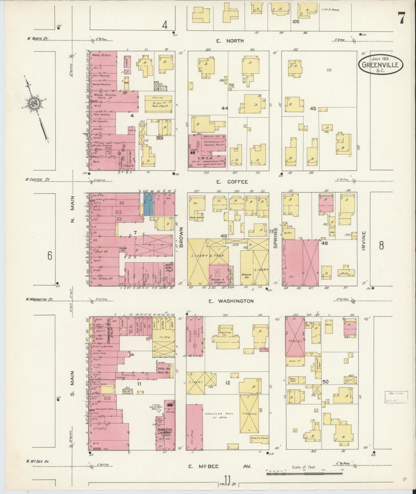 Sanborn Fire Insurance Map from Greenville, Greenville County, South Carolina (1913), Sheet #0007 - Historic Sanborn Fire Insurance Map Print, vintage old map wall art, antique decor, genealogy gift, South Carolina South Carolina map