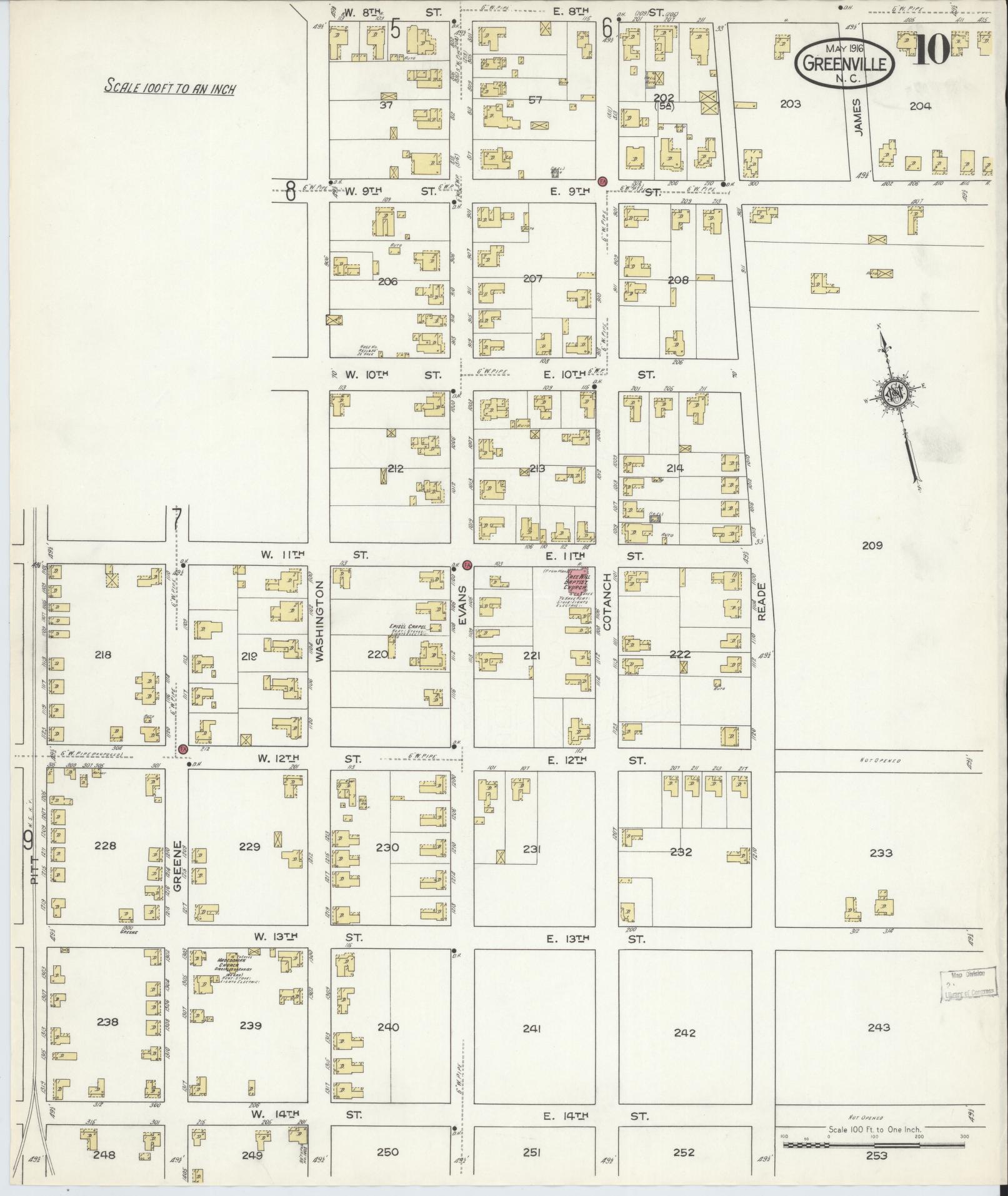 Sanborn Fire Insurance Map from Greenville, Pitt County, North Carolina (1916), Sheet #0010 - Historic Sanborn Fire Insurance Map Print, vintage old map wall art, antique decor, genealogy gift, North Carolina North Carolina map