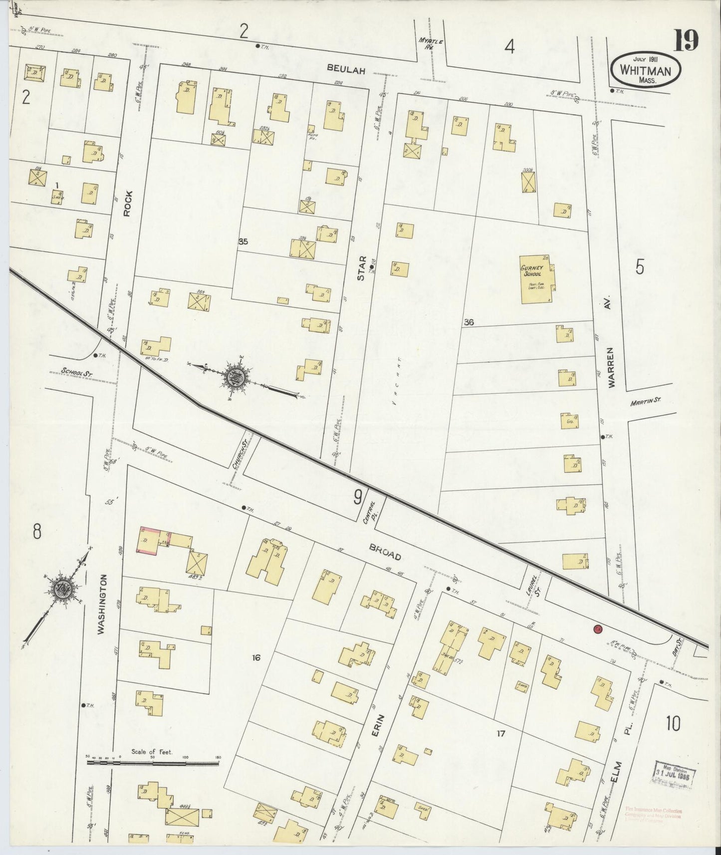Sanborn Fire Insurance Map from Whitman, Plymouth County, Massachusetts (1911), Sheet #0019 - Historic Sanborn Fire Insurance Map Print, vintage old map wall art, antique decor, genealogy gift, Massachusetts Massachusetts map