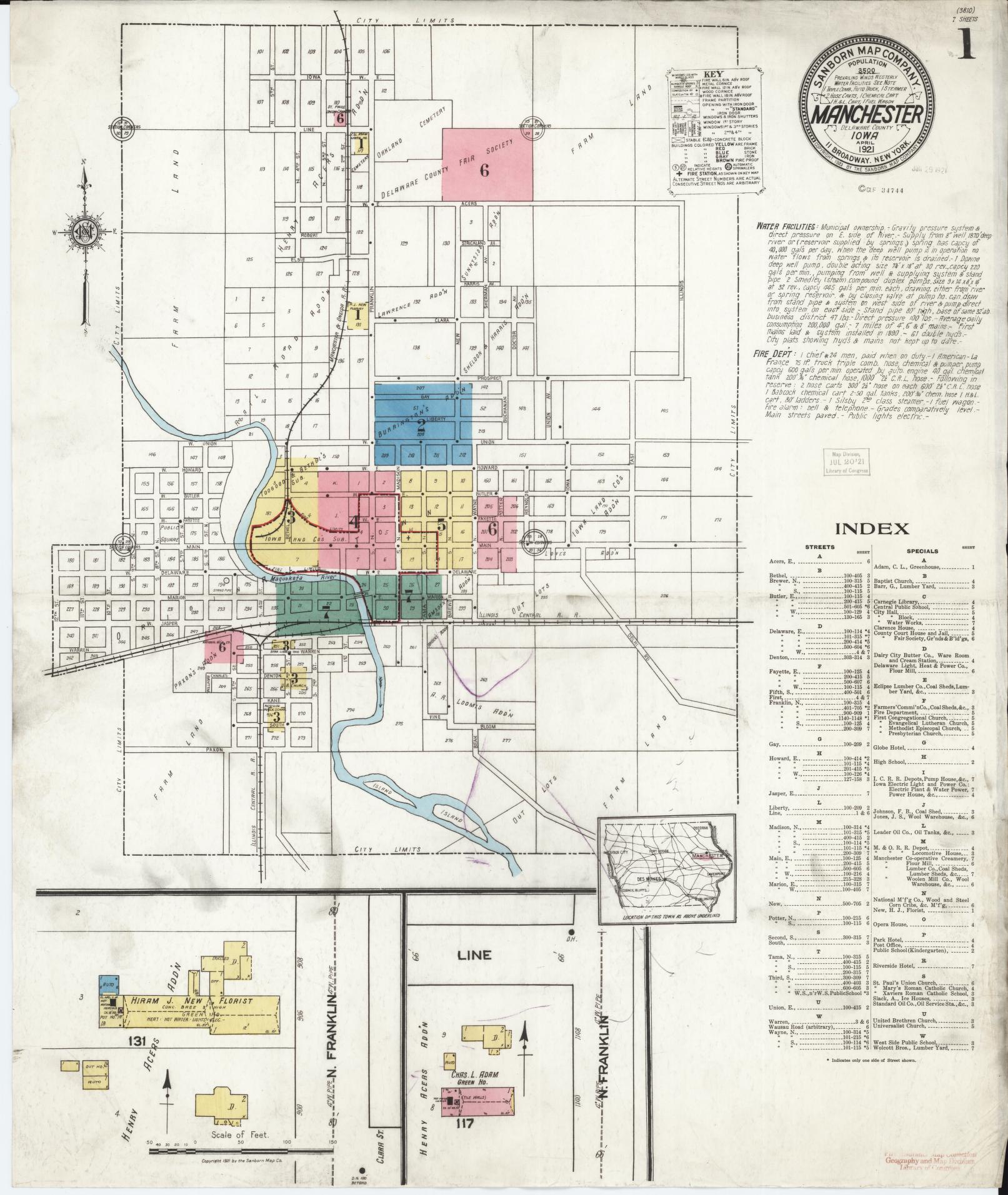 Sanborn Fire Insurance Map from Manchester, Delaware County, Iowa (1921), Sheet #0001 - Historic Sanborn Fire Insurance Map Print