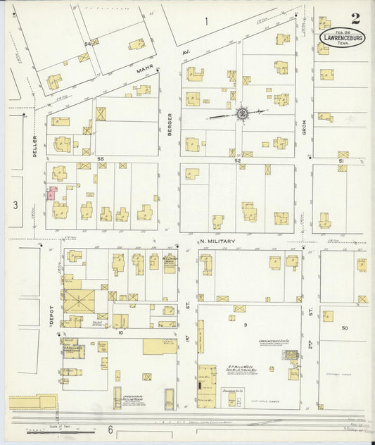 Sanborn Fire Insurance Map from Lawrenceburg, Lawrence County, Tennessee (1916), Sheet #0002 - Historic Sanborn Fire Insurance Map Print, vintage old map wall art, antique decor, genealogy gift, Tennessee Tennessee map