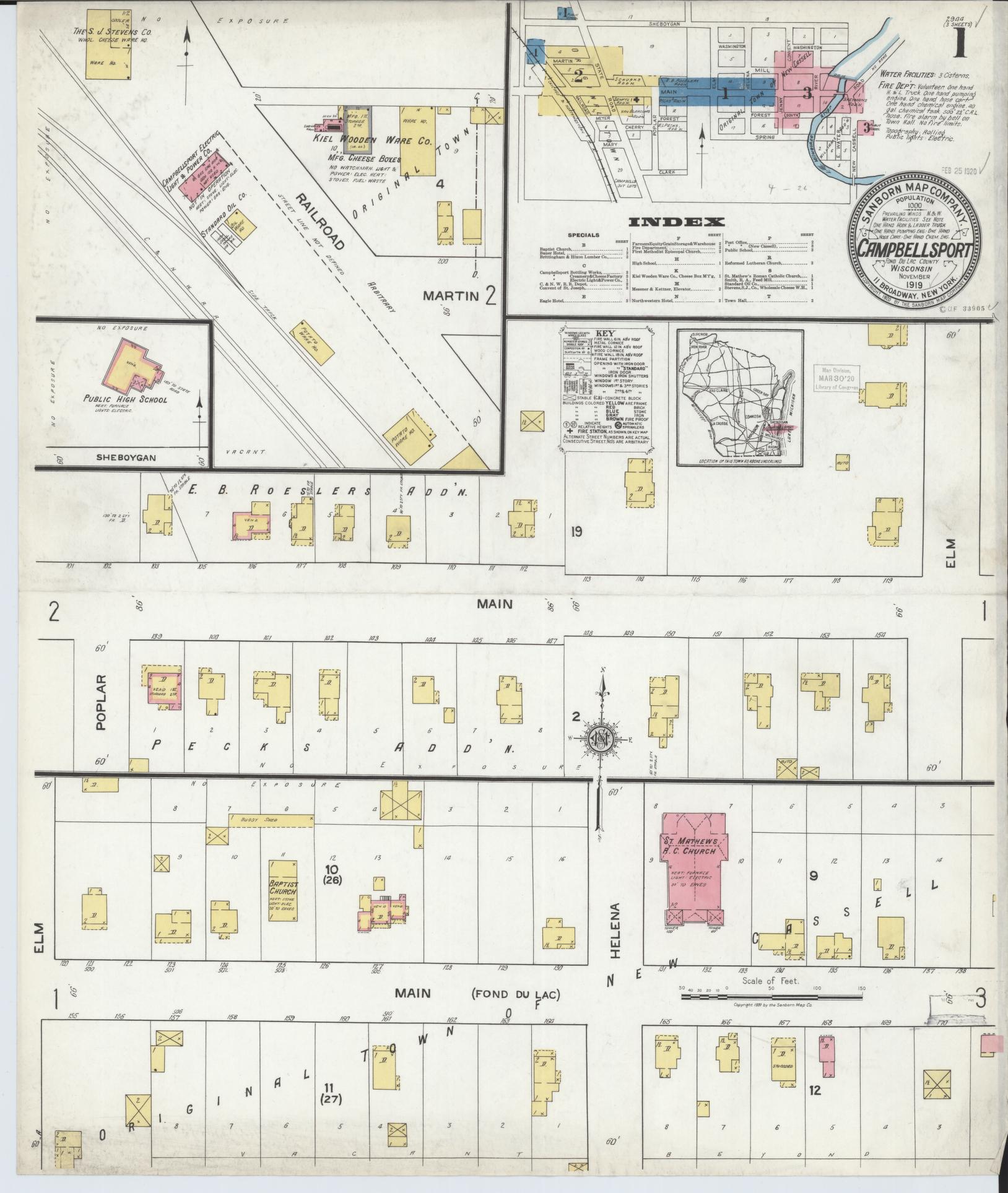 Sanborn Fire Insurance Map from Campbellsport, Fond du Lac County, Wisconsin (1919), Sheet #0001 - Historic Sanborn Fire Insurance Map Print, vintage old map wall art, antique decor, genealogy gift, Wisconsin Wisconsin map