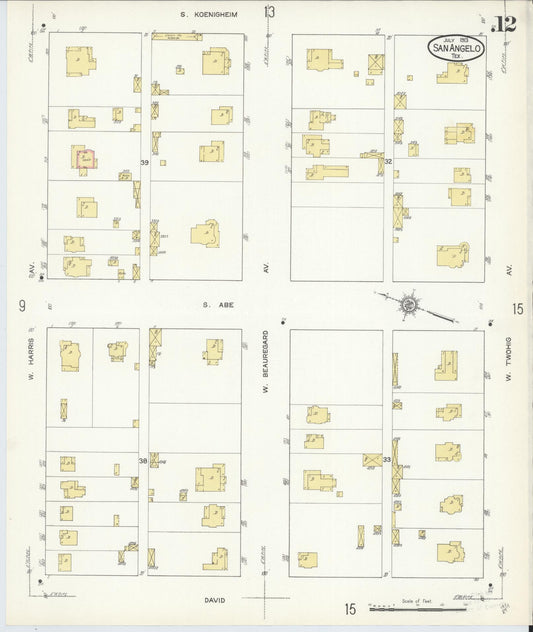 Sanborn Fire Insurance Map from San Angelo, Tom Green County, Texas (1913), Sheet #0012 - Historic Sanborn Fire Insurance Map Print, vintage old map wall art, antique decor, genealogy gift, Texas Texas map
