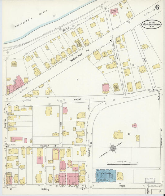 Sanborn Fire Insurance Map from Morgantown, Monongalia County, West Virginia (1911), Sheet #0006 - Historic Sanborn Fire Insurance Map Print, vintage old map wall art, antique decor, genealogy gift, West Virginia West Virginia map