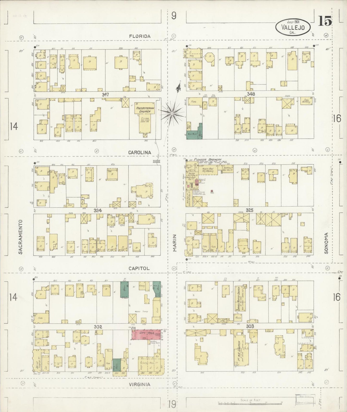 Sanborn Fire Insurance Map from Vallejo, Solano County, California (1901), Sheet #0015 - Complete Map Set gallery image, historic Sanborn map, vintage wall art, California California