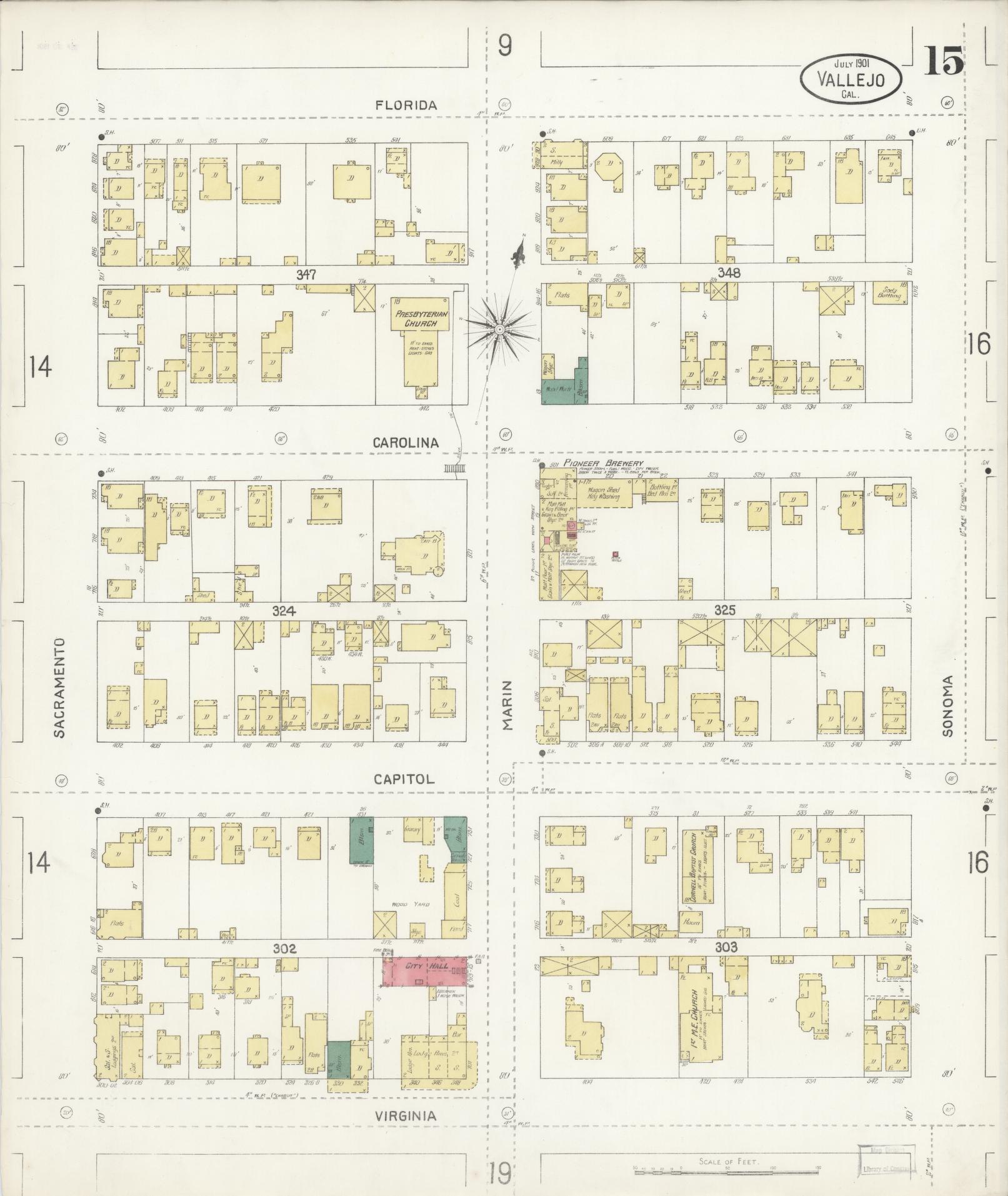 Sanborn Fire Insurance Map from Vallejo, Solano County, California (1901), Sheet #0015 - Complete Map Set gallery image, historic Sanborn map, vintage wall art, California California