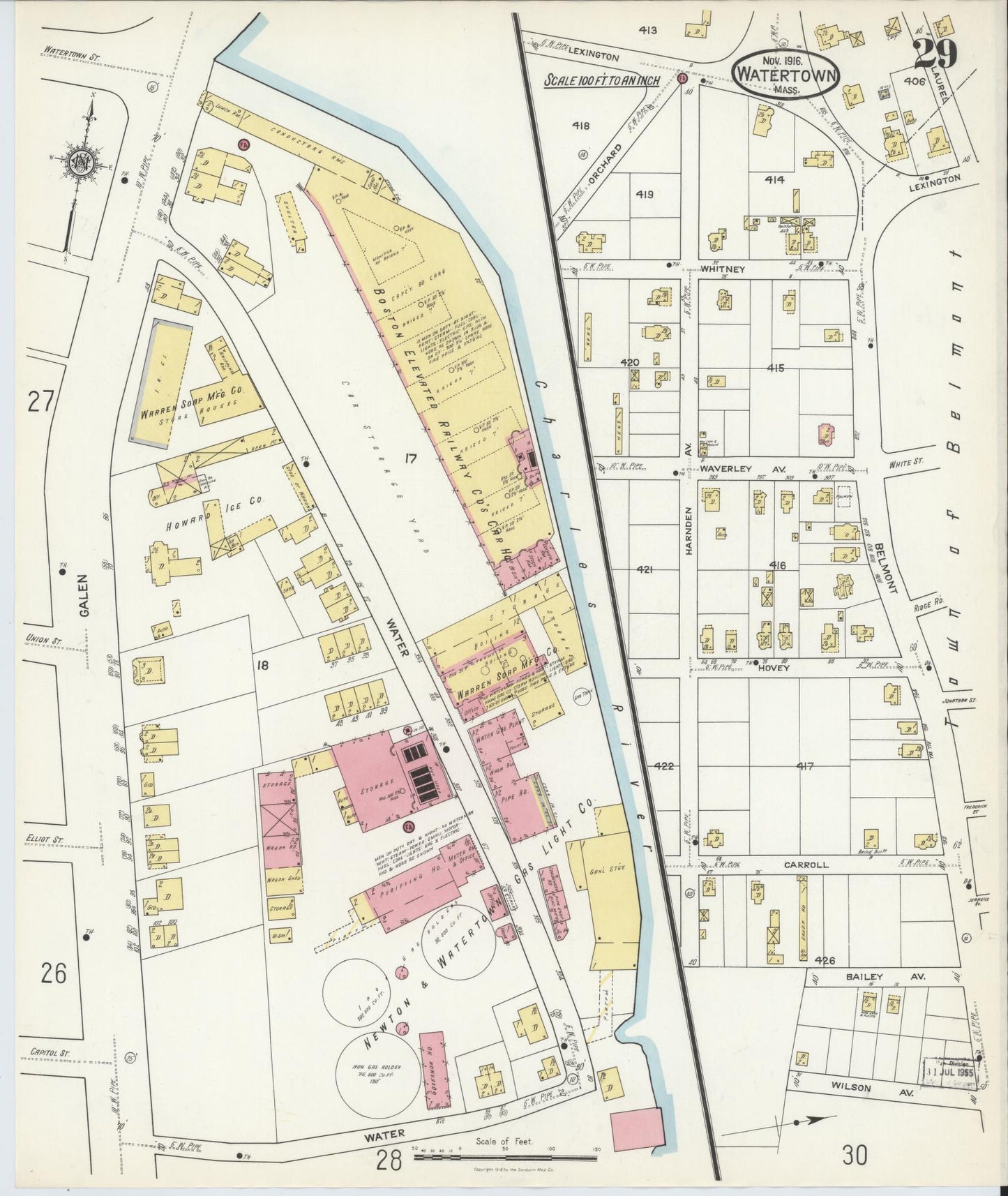 Sanborn Fire Insurance Map from Watertown, Middlesex County, Massachusetts (1916), Sheet #0029 - Historic Sanborn Fire Insurance Map Print, vintage old map wall art, antique decor, genealogy gift, Massachusetts Massachusetts map