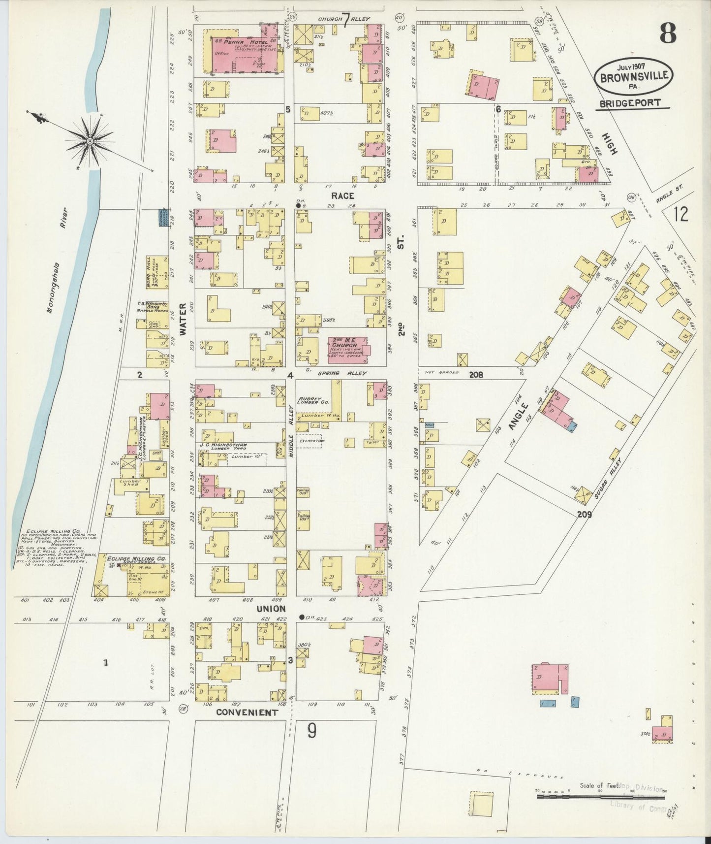 Sanborn Fire Insurance Map from Brownsville, Fayette County, Pennsylvania (1907), Sheet #0008 - Historic Sanborn Fire Insurance Map Print, vintage old map wall art, antique decor, genealogy gift, Pennsylvania Pennsylvania map