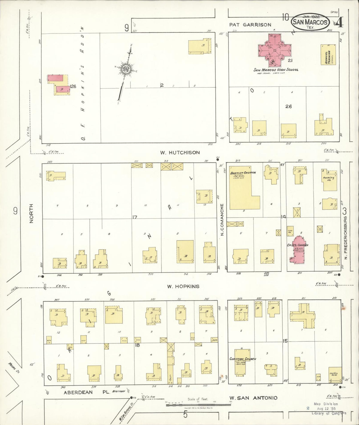 Sanborn Fire Insurance Map from San Marcos, Hays County, Texas (1922), Sheet #0004 - Complete Map Set gallery image, historic Sanborn map, vintage wall art, Texas Texas