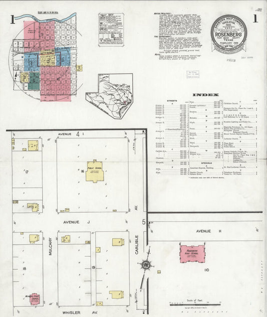 Sanborn Fire Insurance Map from Rosenberg, Fort Bend County, Texas (1926), Sheet #0001 - Complete Map Set gallery image, historic Sanborn map, vintage wall art, Texas Texas