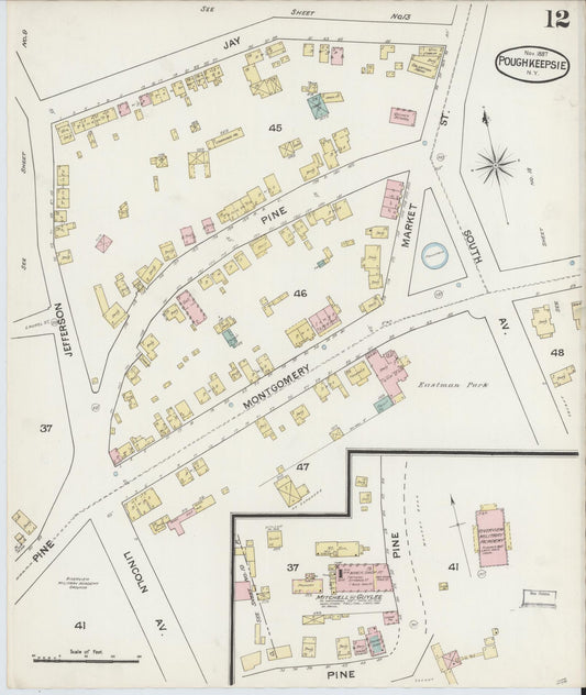 Sanborn Fire Insurance Map from Poughkeepsie, Dutchess County, New York (1887), Sheet #0012 - Historic Sanborn Fire Insurance Map Print, vintage old map wall art, antique decor, genealogy gift, New York New York map