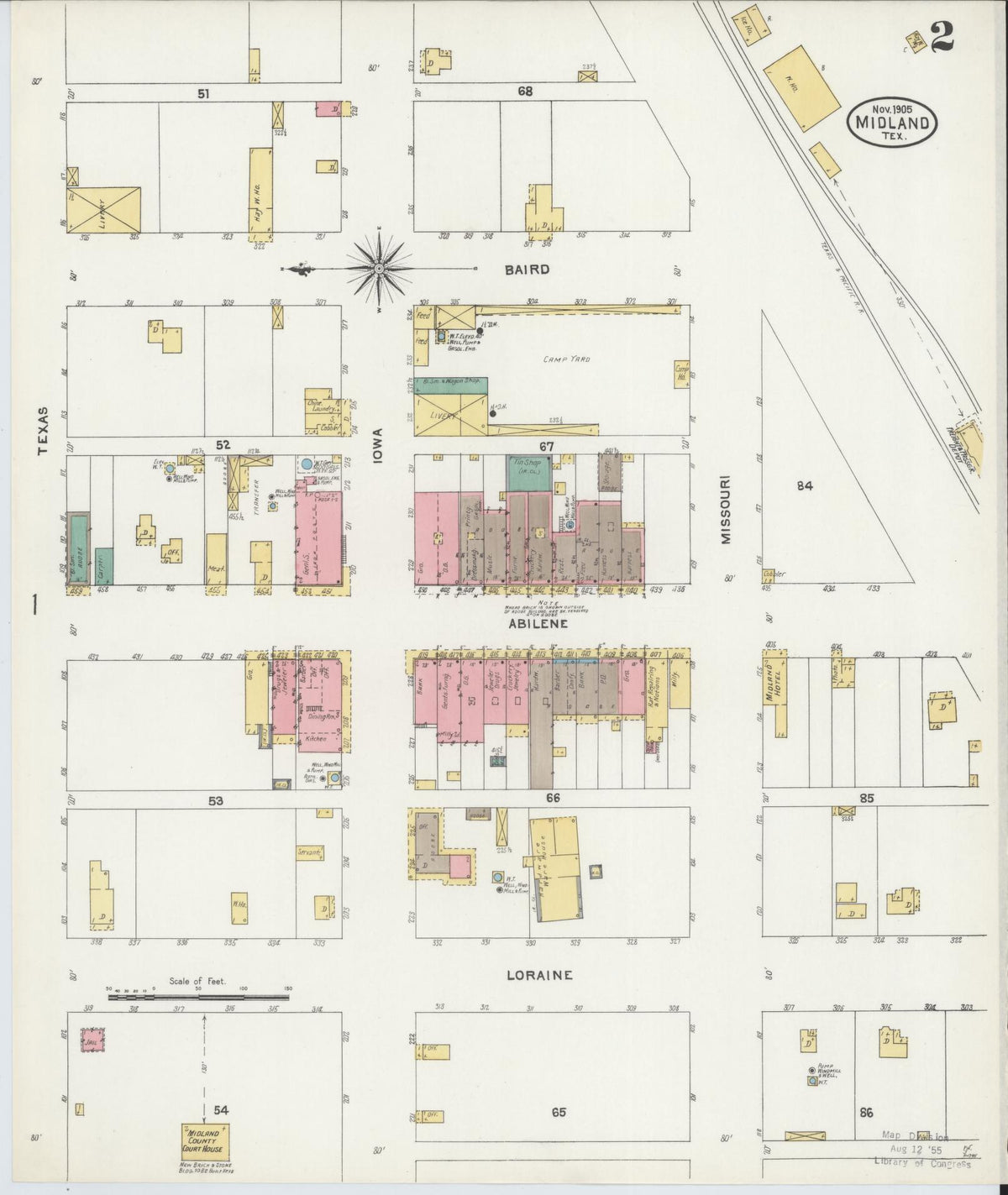 Sanborn Fire Insurance Map from Midland, Midland County, Texas (1905), Sheet #0002 - Complete Map Set gallery image, historic Sanborn map, vintage wall art, Texas Texas