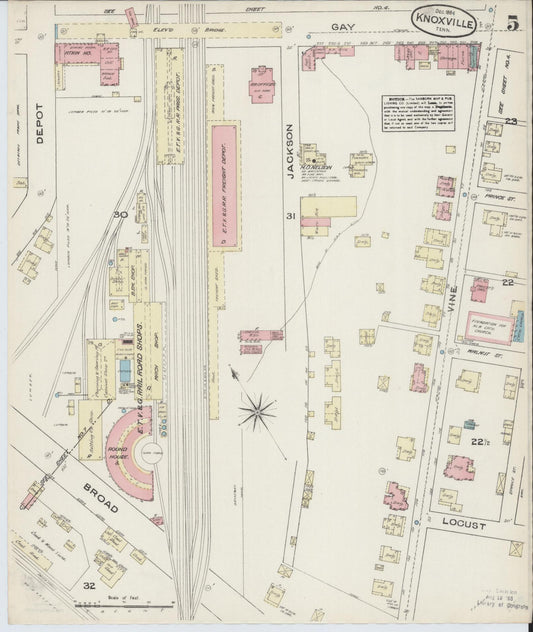 Sanborn Fire Insurance Map from Knoxville, Knox County, Tennessee (1884), Sheet #0005 - Historic Sanborn Fire Insurance Map Print, vintage old map wall art, antique decor, genealogy gift, Tennessee Tennessee map