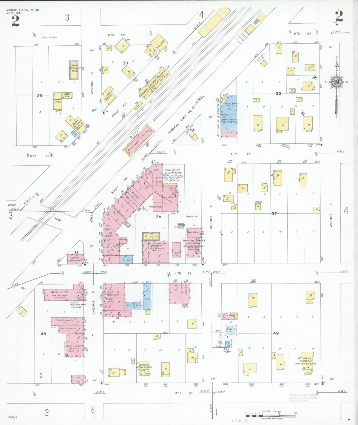 Sanborn Fire Insurance Map from Moose Lake, Carlton County, Minnesota (1951), Sheet #0002 - Historic Sanborn Fire Insurance Map Print, vintage old map wall art, antique decor, genealogy gift, Minnesota Minnesota map