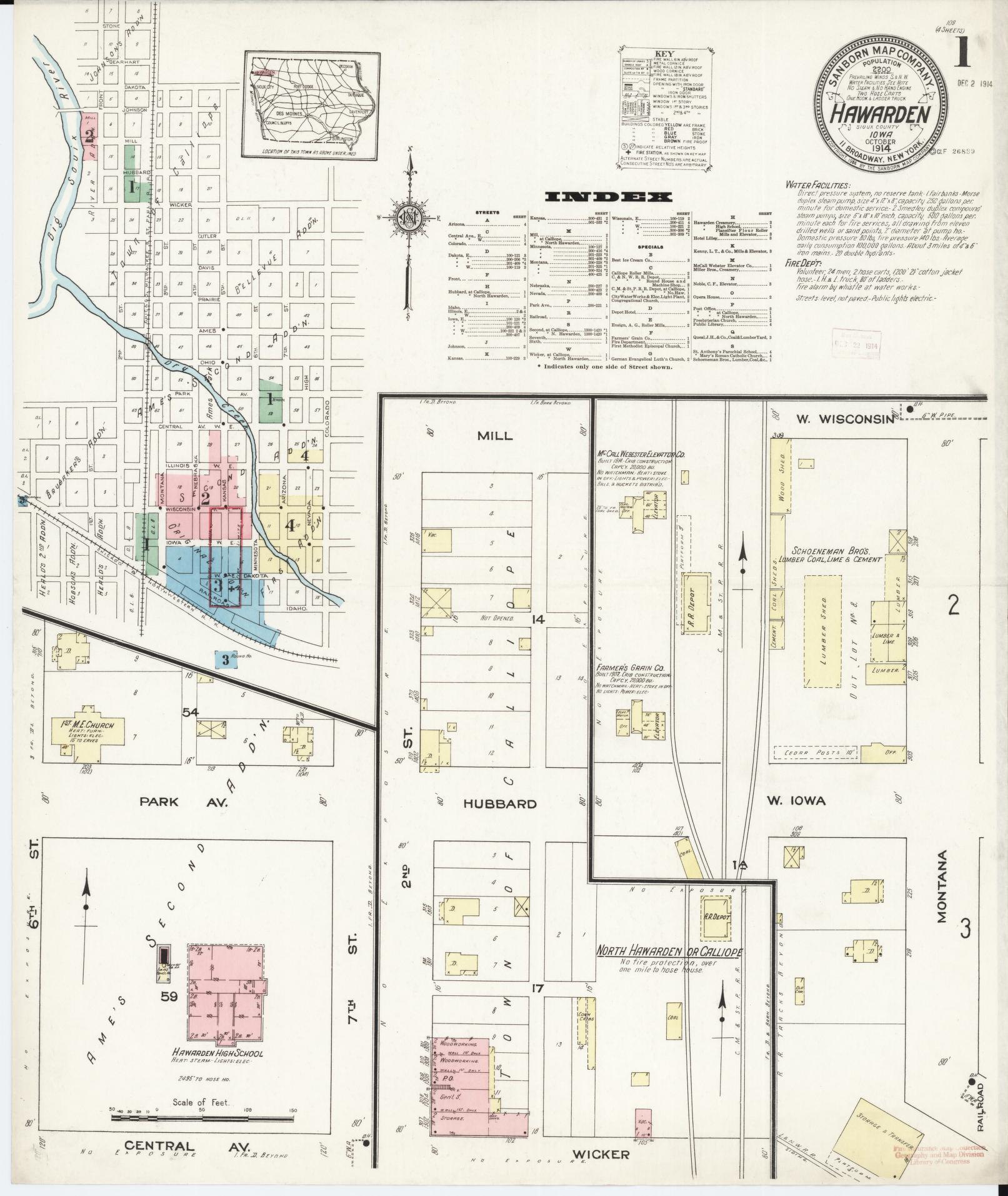 Sanborn Fire Insurance Map from Hawarden, Sioux County, Iowa (1914), Sheet #0001 - Historic Sanborn Fire Insurance Map Print, vintage old map wall art