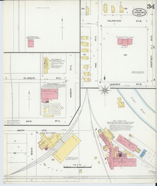 Sanborn Fire Insurance Map from Lansing, Ingham County, Michigan (1906), Sheet #0034 - Historic Sanborn Fire Insurance Map Print, vintage old map wall art, antique decor, genealogy gift, Michigan Michigan map
