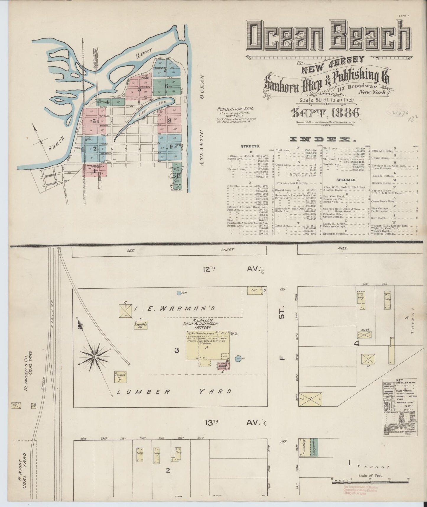 Sanborn Fire Insurance Map from Ocean Beach, Ocean County, New Jersey. (1886) – Historic Sanborn Fire Insurance Map Print