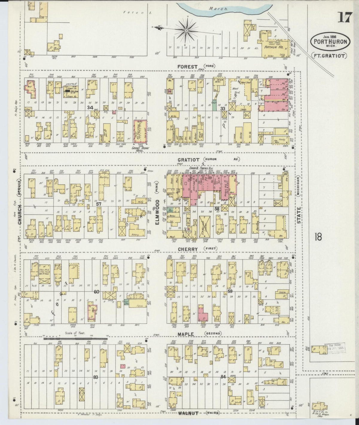 Sanborn Fire Insurance Map from Port Huron, Saint Clair County, Michigan (1898), Sheet #0017 - Historic Sanborn Fire Insurance Map Print, vintage old map wall art, antique decor, genealogy gift, Michigan Michigan map