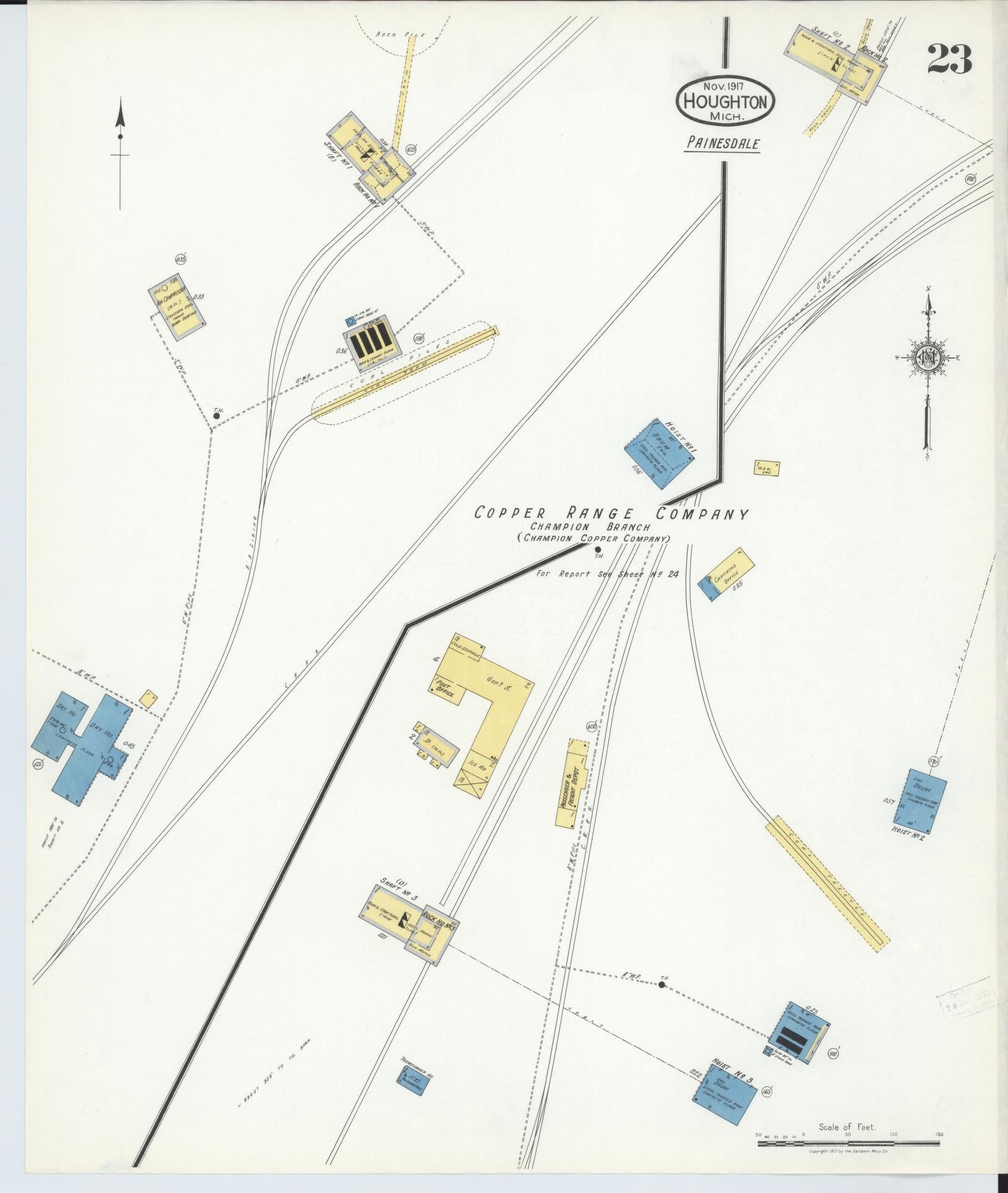 Sanborn Fire Insurance Map from Houghton, Houghton County, Michigan (1917), Sheet #0023 - Complete Map Set gallery image, historic Sanborn map, vintage wall art, Michigan Michigan