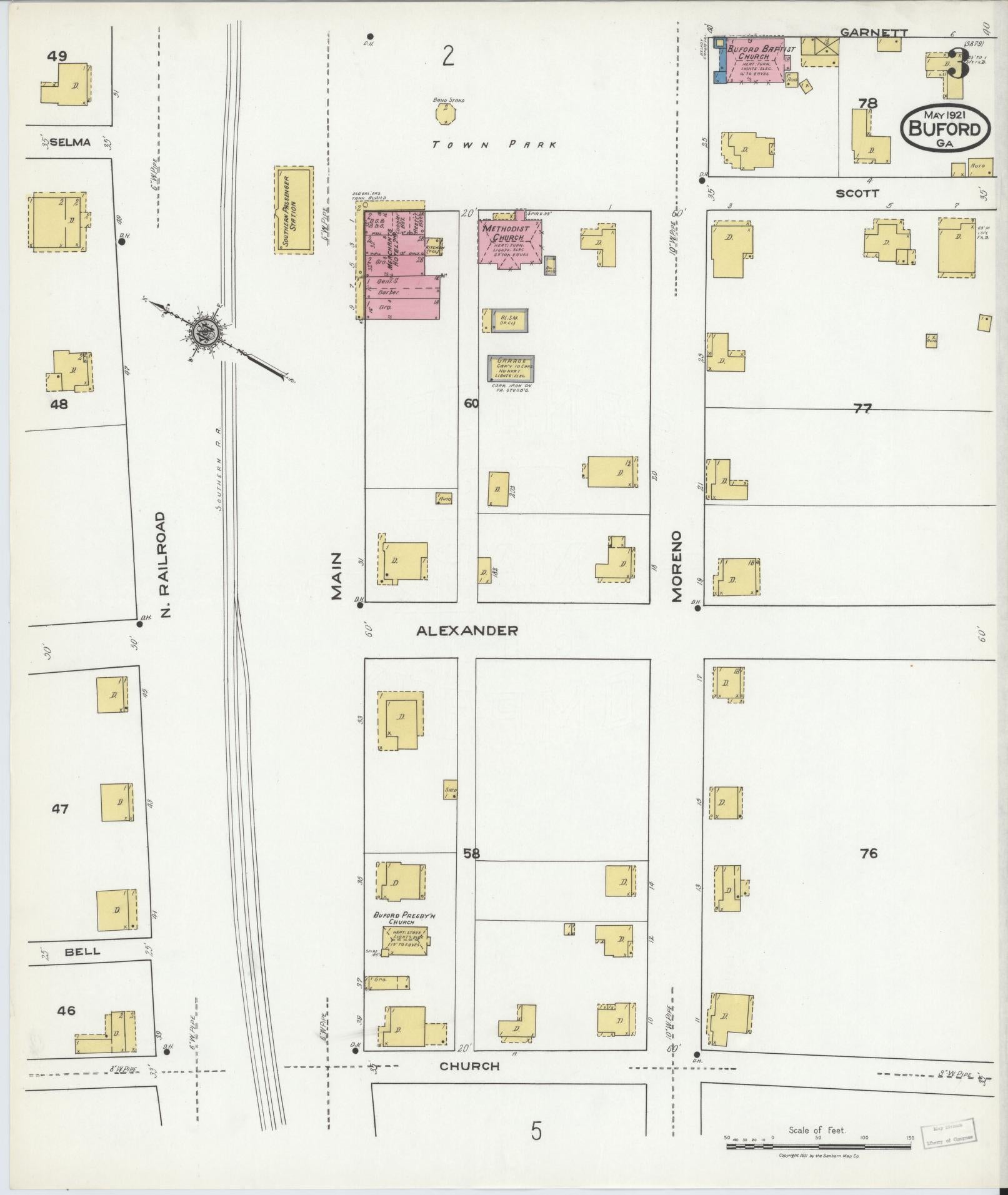 Sanborn Fire Insurance Map from Buford, Gwinnett County, Georgia (1921), Sheet #0003 - Historic Sanborn Fire Insurance Map Print, vintage old map wall art, antique decor, genealogy gift, Georgia Georgia map