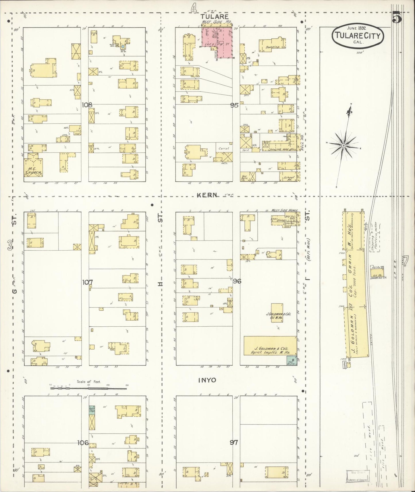 Sanborn Fire Insurance Map from Tulare, Tulare County, California (1892), Sheet #0005 - Complete Map Set gallery image, historic Sanborn map, vintage wall art, California California