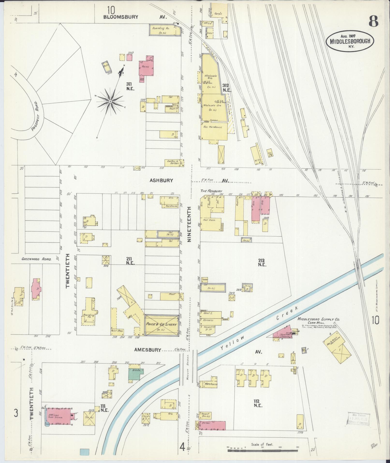 Sanborn Fire Insurance Map from Middlesboro, Bell County, Kentucky (1907), Sheet #0008 - Historic Sanborn Fire Insurance Map Print, vintage old map wall art, antique decor, genealogy gift, Kentucky Kentucky map