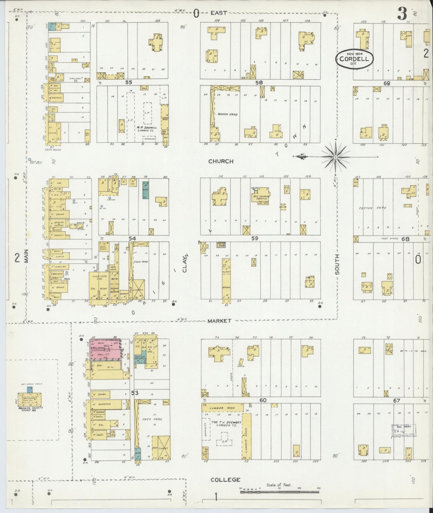 Sanborn Fire Insurance Map from Cordell, Washita County, Oklahoma (1904), Sheet #0003 - Historic Sanborn Fire Insurance Map Print, vintage old map wall art, antique decor, genealogy gift, Oklahoma Oklahoma map