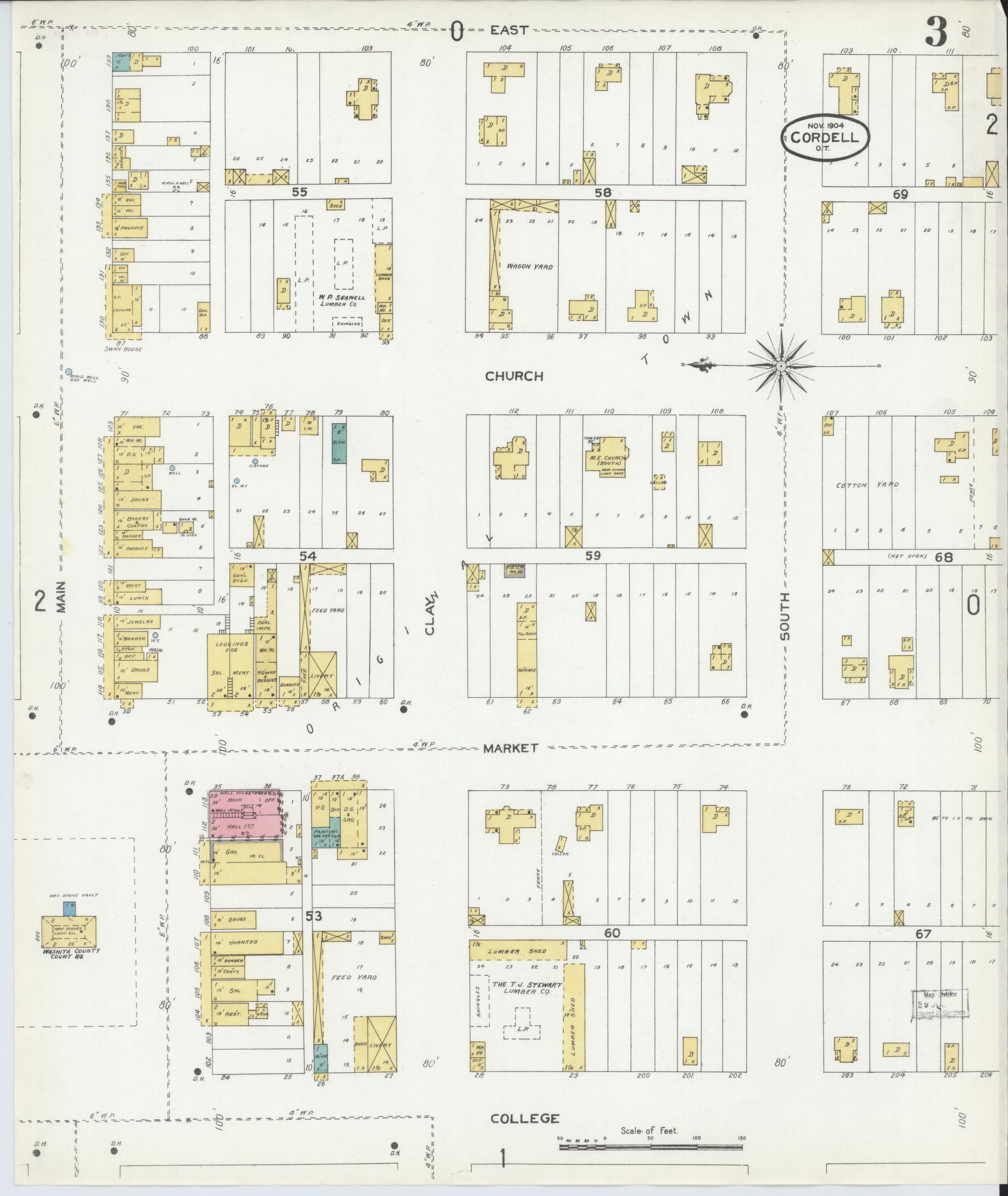 Sanborn Fire Insurance Map from Cordell, Washita County, Oklahoma (1904), Sheet #0003 - Historic Sanborn Fire Insurance Map Print, vintage old map wall art, antique decor, genealogy gift, Oklahoma Oklahoma map