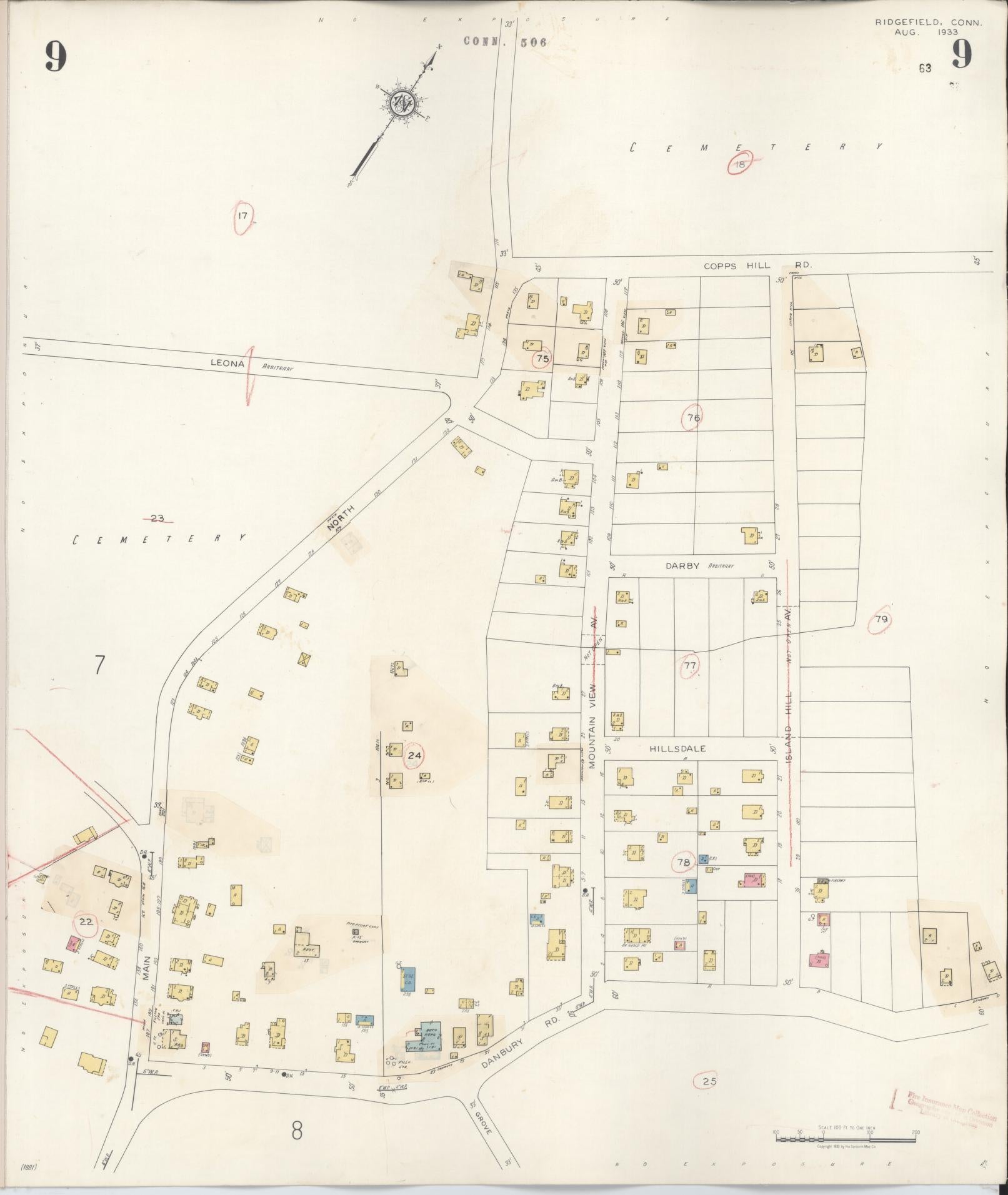 Sanborn Fire Insurance Map from Ridgefield, Fairfield County, Connecticut (1940), Sheet #0009 - Complete Map Set gallery image, historic Sanborn map, vintage wall art, Connecticut Connecticut