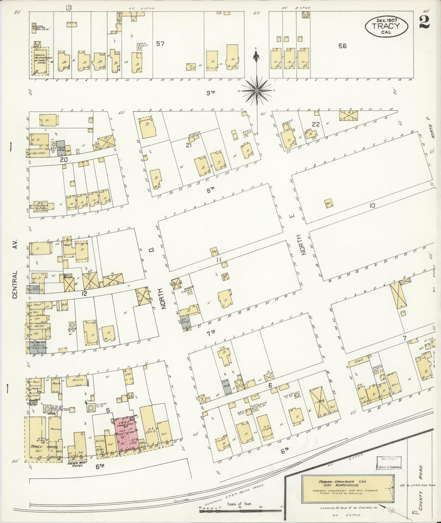Sanborn Fire Insurance Map from Tracy, San Joaquin County, California (1907), Sheet #0002 - Complete Map Set gallery image, historic Sanborn map, vintage wall art, California California